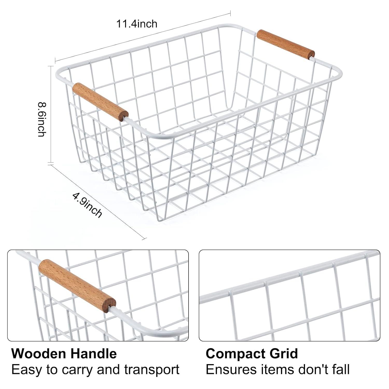 Wire Basket 2 Pcs Wire Storage Baskets Wire Baskets Organizing with Wooden Handles Wire Basket Pantry Organization and Storage Metal Wire Food Storage Basket for Kitchen, Cabinets (White 2PCS)