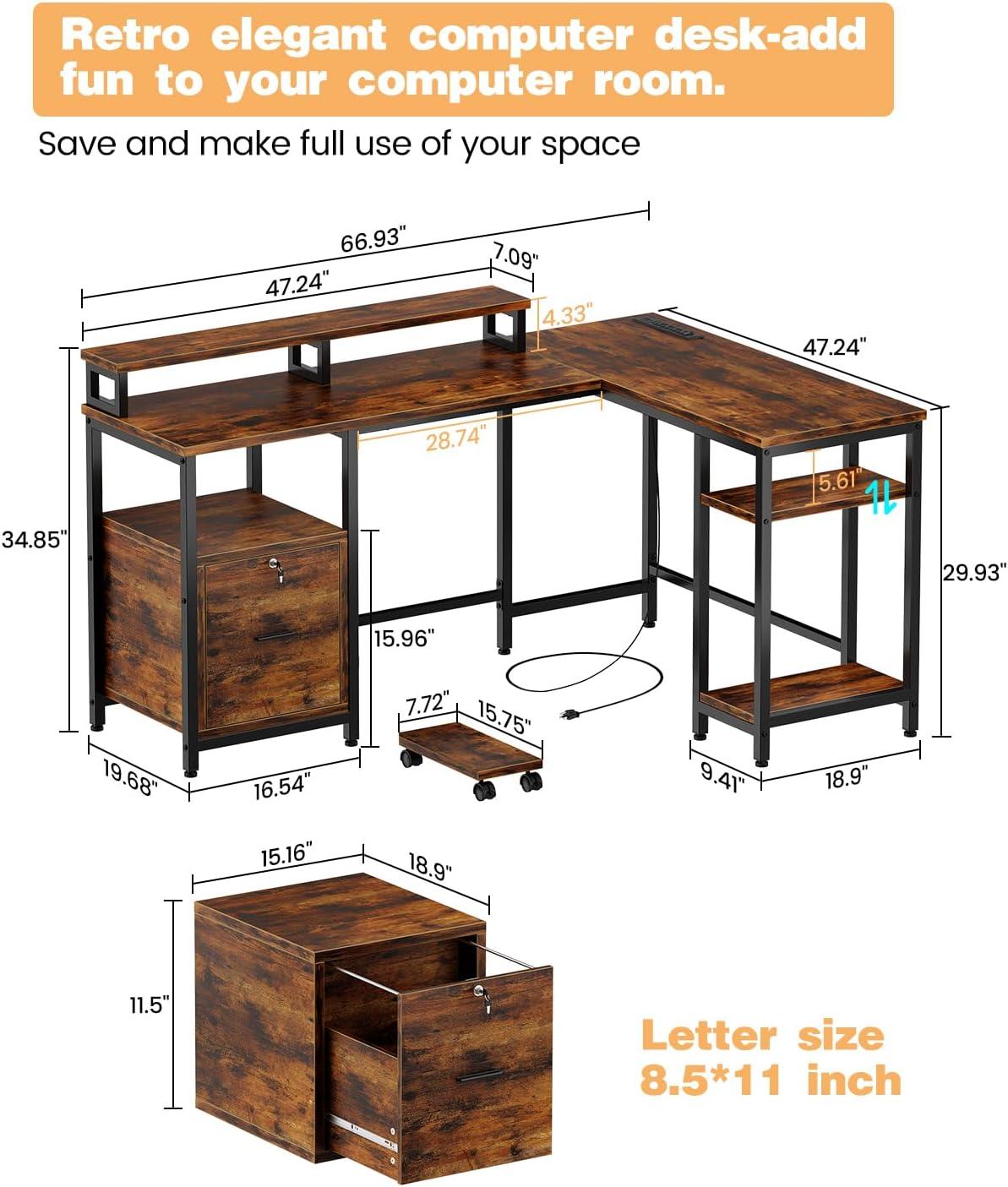 FOLDLIFE 67" L-Shaped Computer Desk with Power Outlet, File Drawer, Monitor Stands, and Adjustable Shelves for Home Office and Gaming,Brown