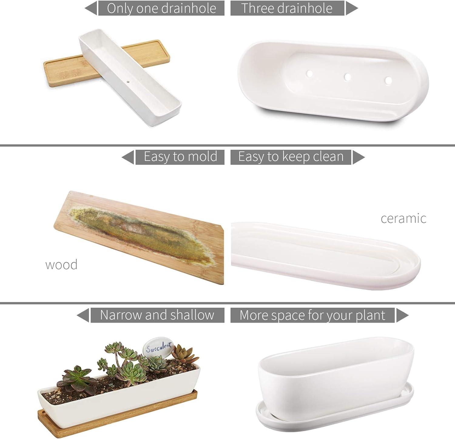 White Oval Ceramic Planter with Drainage Hole and Tray