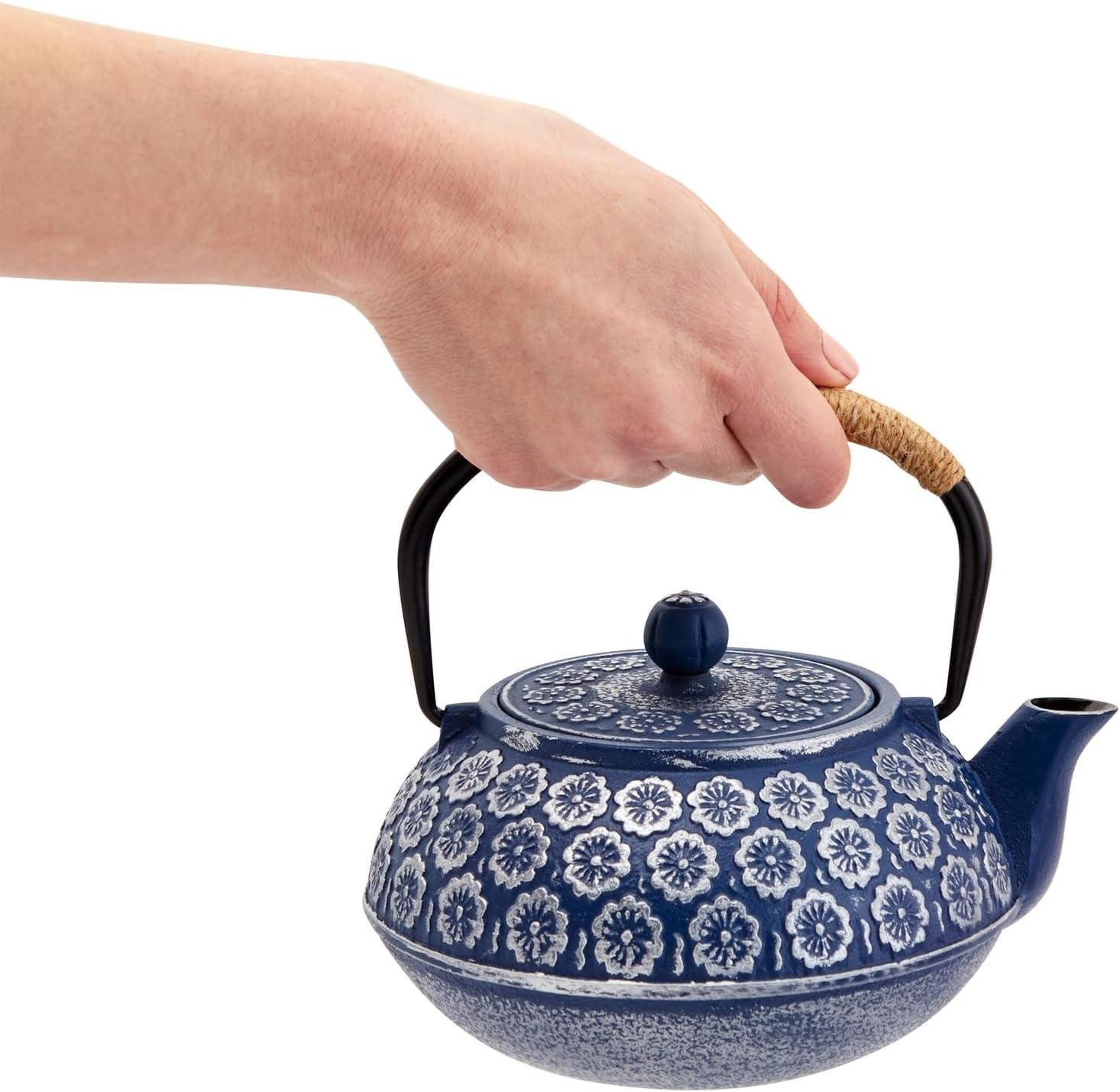 Juvale Set of 6 Blue Cast Iron Floral Teapot Kettle Set, Japanese Tea Pot with Infuser, Trivet & 4 Teacups, 32 oz