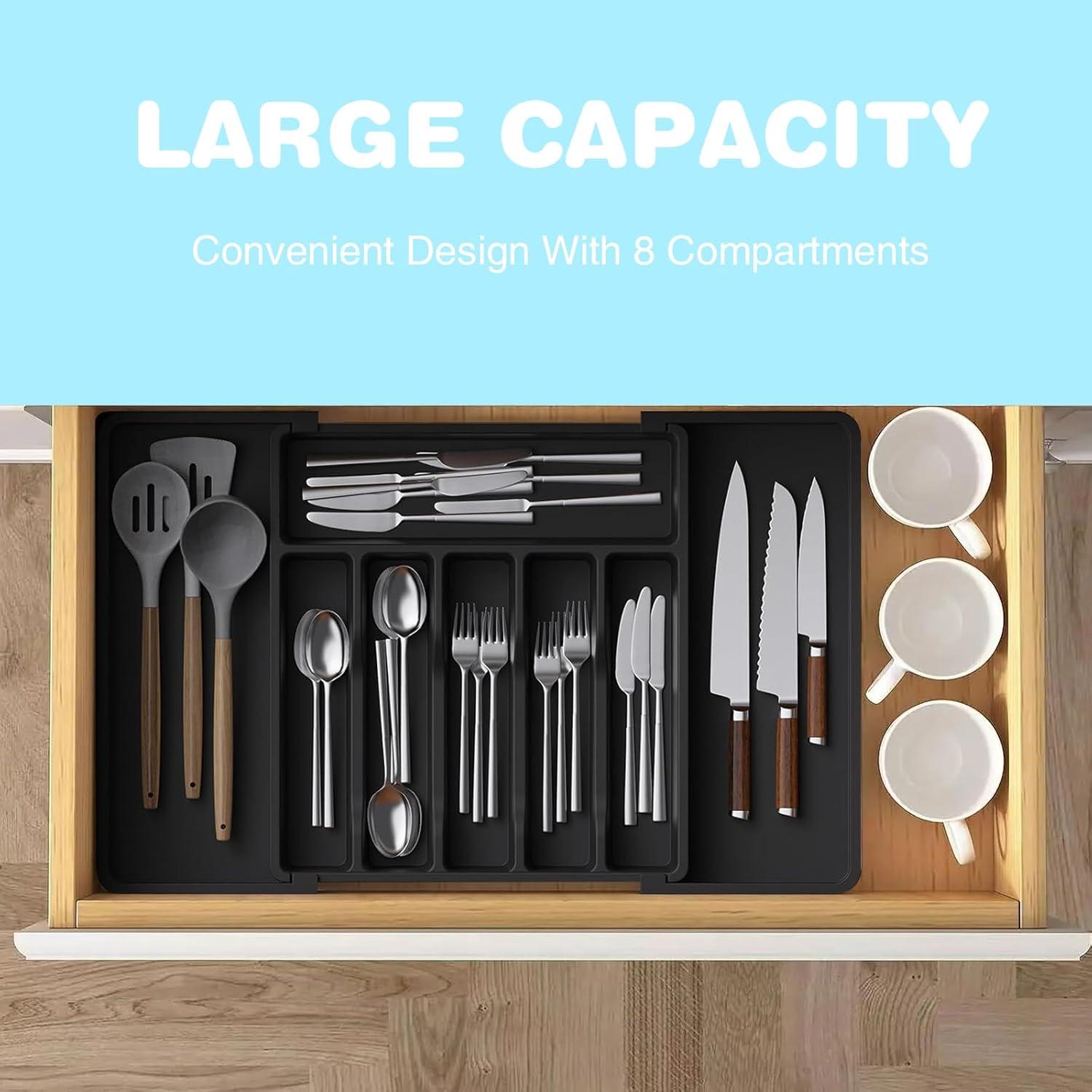 Silverware Drawer Organizer,  Black Expandable Utensil Tray for Kitchen, BPA Free Flatware and Cutlery Holder, Adjustable Plastic Storage for Spoons Forks Knives, Large