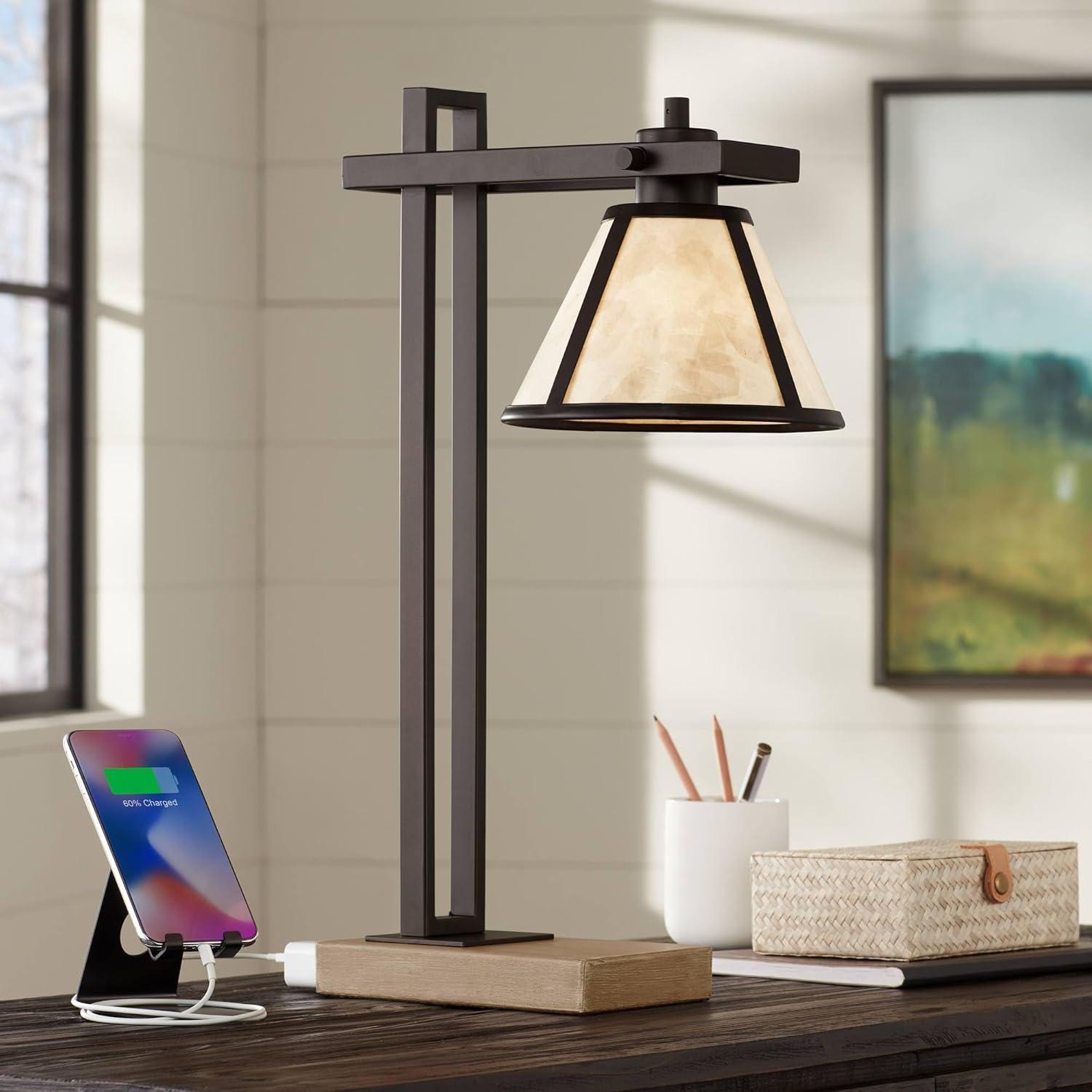 Franklin Iron Works Maricopa Rustic Farmhouse Desk Lamp 21 1/4" High Bronze Metal with USB and AC Power Outlet Mica Shade for Bedroom Living Room Home