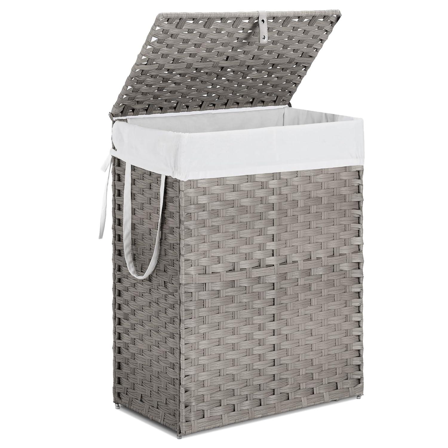 ZUNMOS Laundry Hamper, No Installation Required, with Removable Liner, 90 Liter Hand-Woven Synthetic Rattan Laundry Hamper with Lid and Handle, Collapsible, Gray