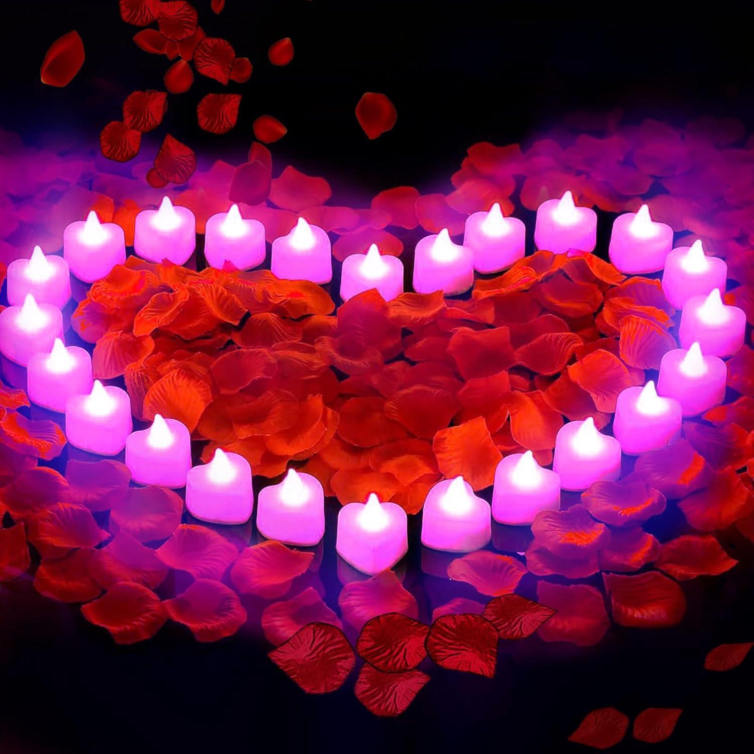 Red Flameless LED Tealights with Artificial Rose Petals Kit