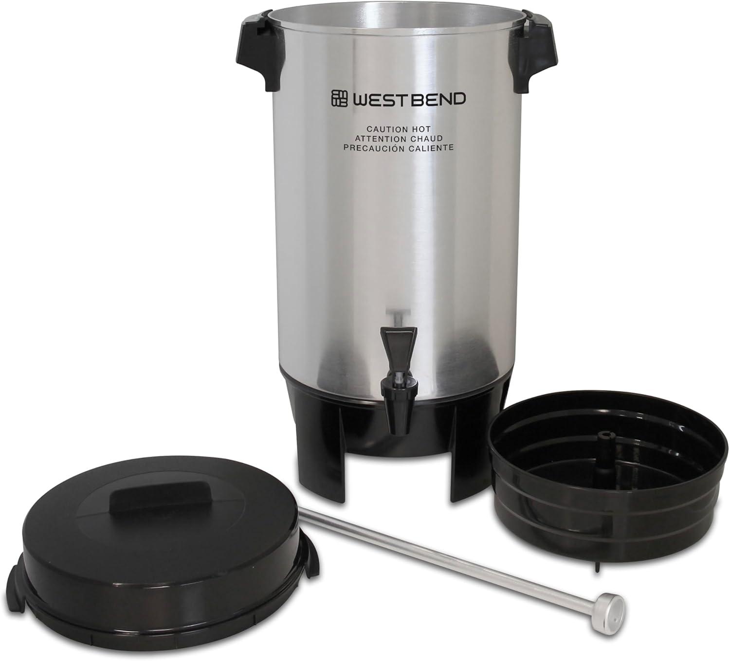 west bend 58002 highly polished aluminum commercial coffee urn features automatic temperature control large capacity with quick brewing easy prep and clean up, 42-cup, silver