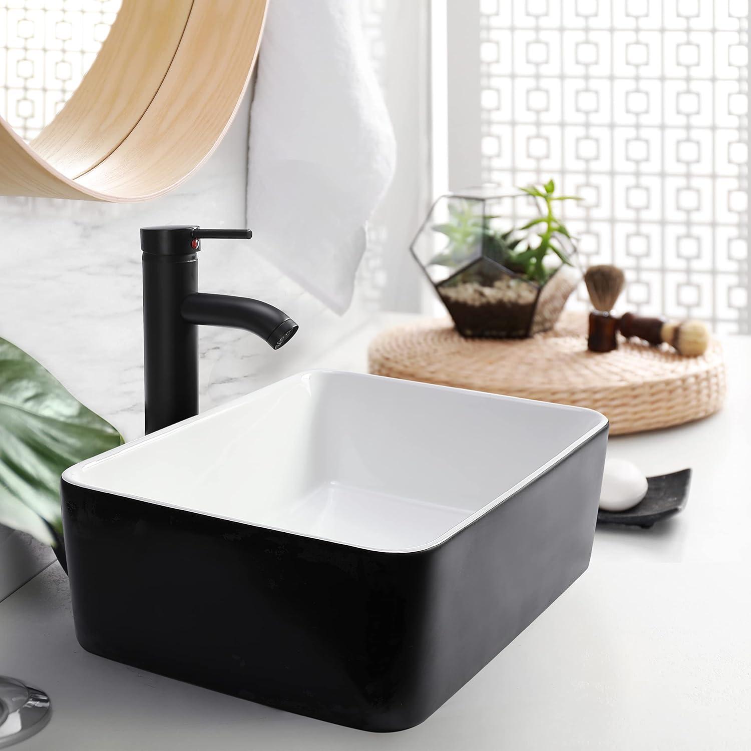 Ceramic Rectangular Bathroom Vessel Sink, Above Counter Vanity Sink with Faucet Combo, White Body with Black Trim on The Top, 16'' x 12''