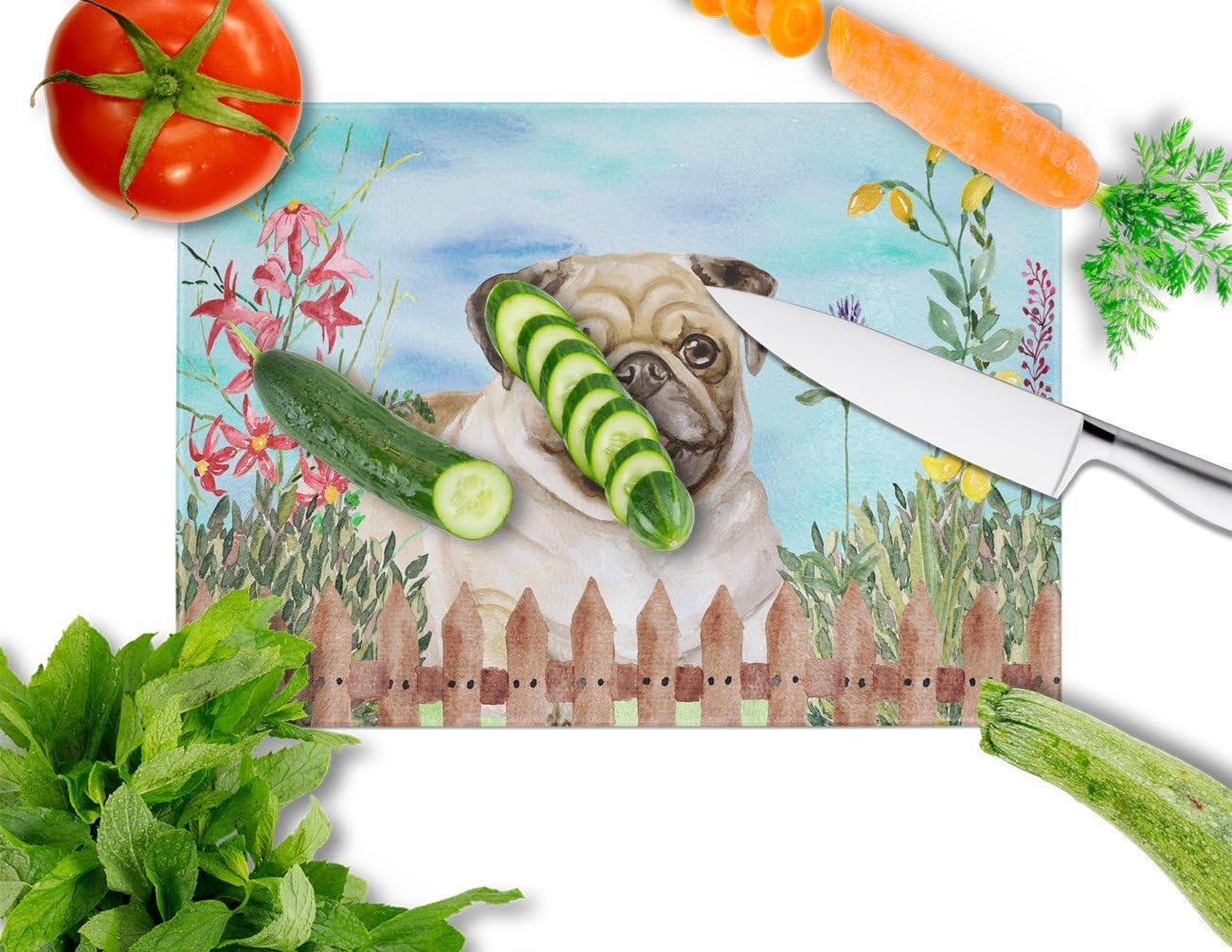 Caroline's Treasures Fawn Pug Spring Glass Cutting Board Large