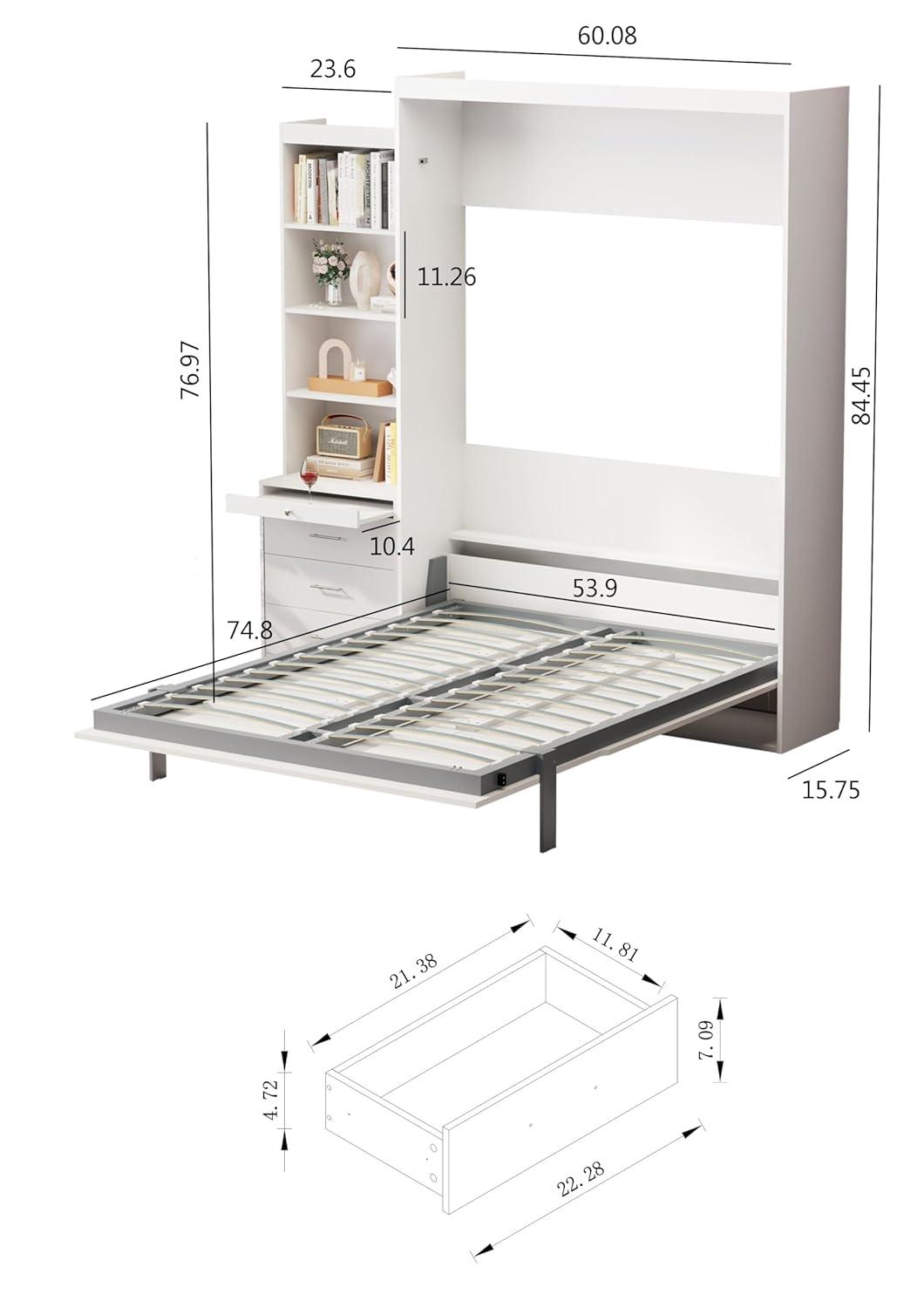 Bellemave Modern Full Size Murphy Bed with Storage Shelf and Drawers for Bedroom or Guestroom,Murphy Chest Bed Space-Saving Folding White Wall Bed with New Style,White