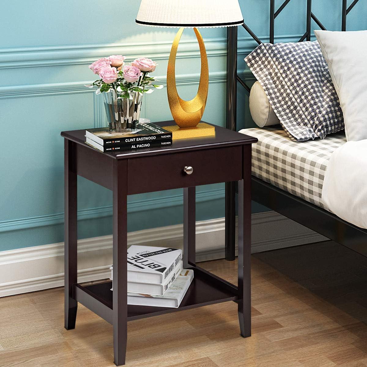 Tangkula End Table Nightstand w/Drawer & Shelf Bedroom Living Room Furniture Brown
