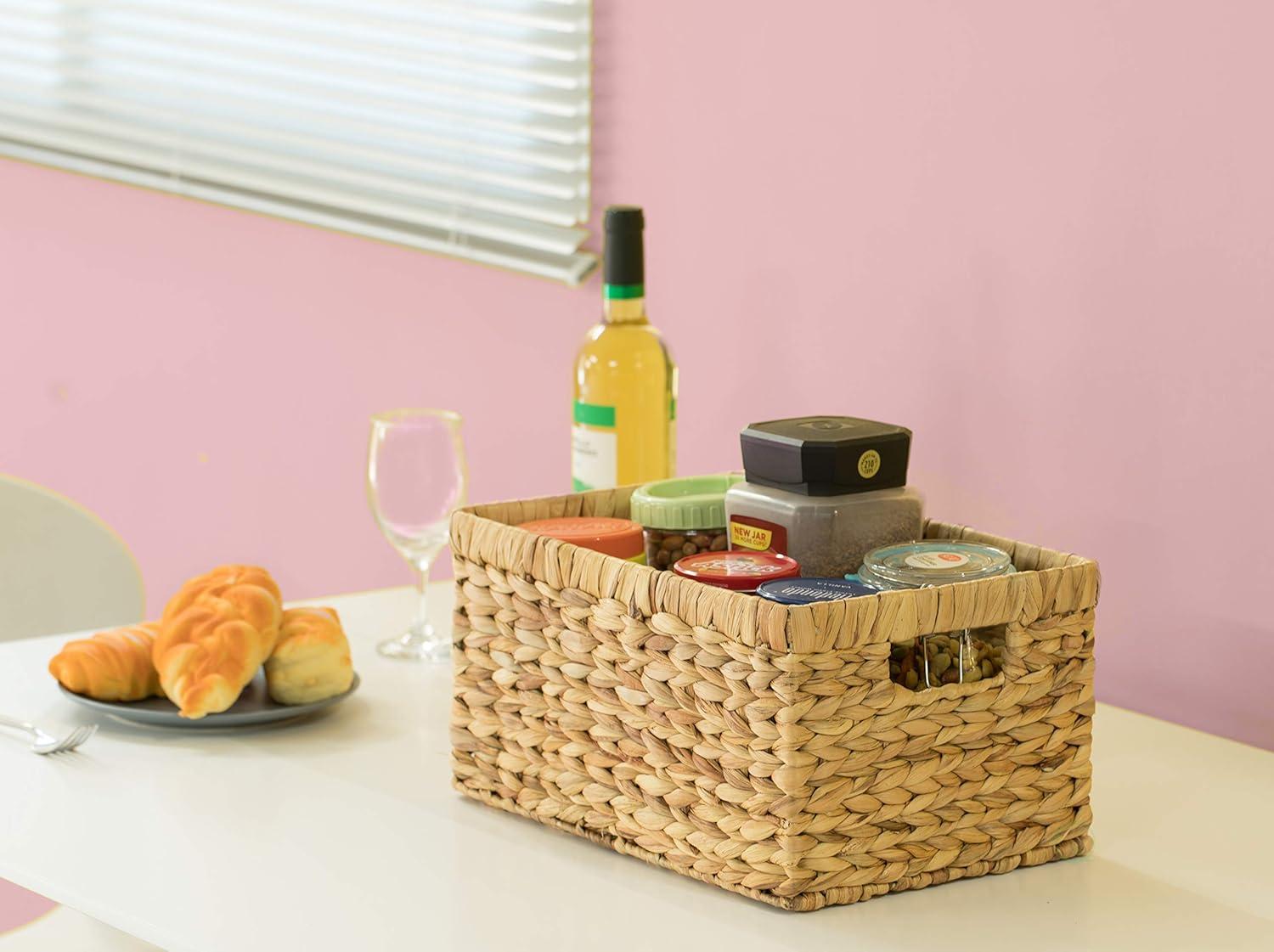 Vintiquewise Natural Woven Water Hyacinth Wicker Rectangular Storage Bin Basket with Handles, Medium