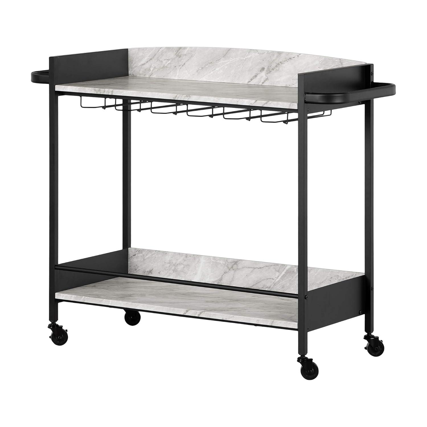 City Life Bar Cart with Wine Glass Rack Black/Faux Carrara Marble - South Shore