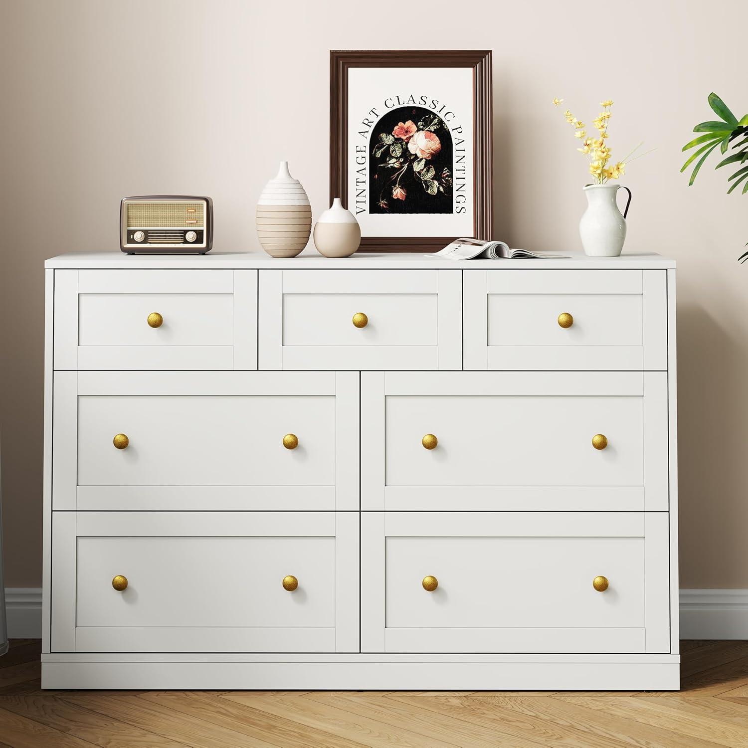 RoyalCraft White Fluted 6 Drawer Dresser for Bedroom, Modern Chest of Drawers, Wood Dresser for Storage Clothes, Wooden Storage Cabinet for Bedroom, Hallway, Living Room, Entryway