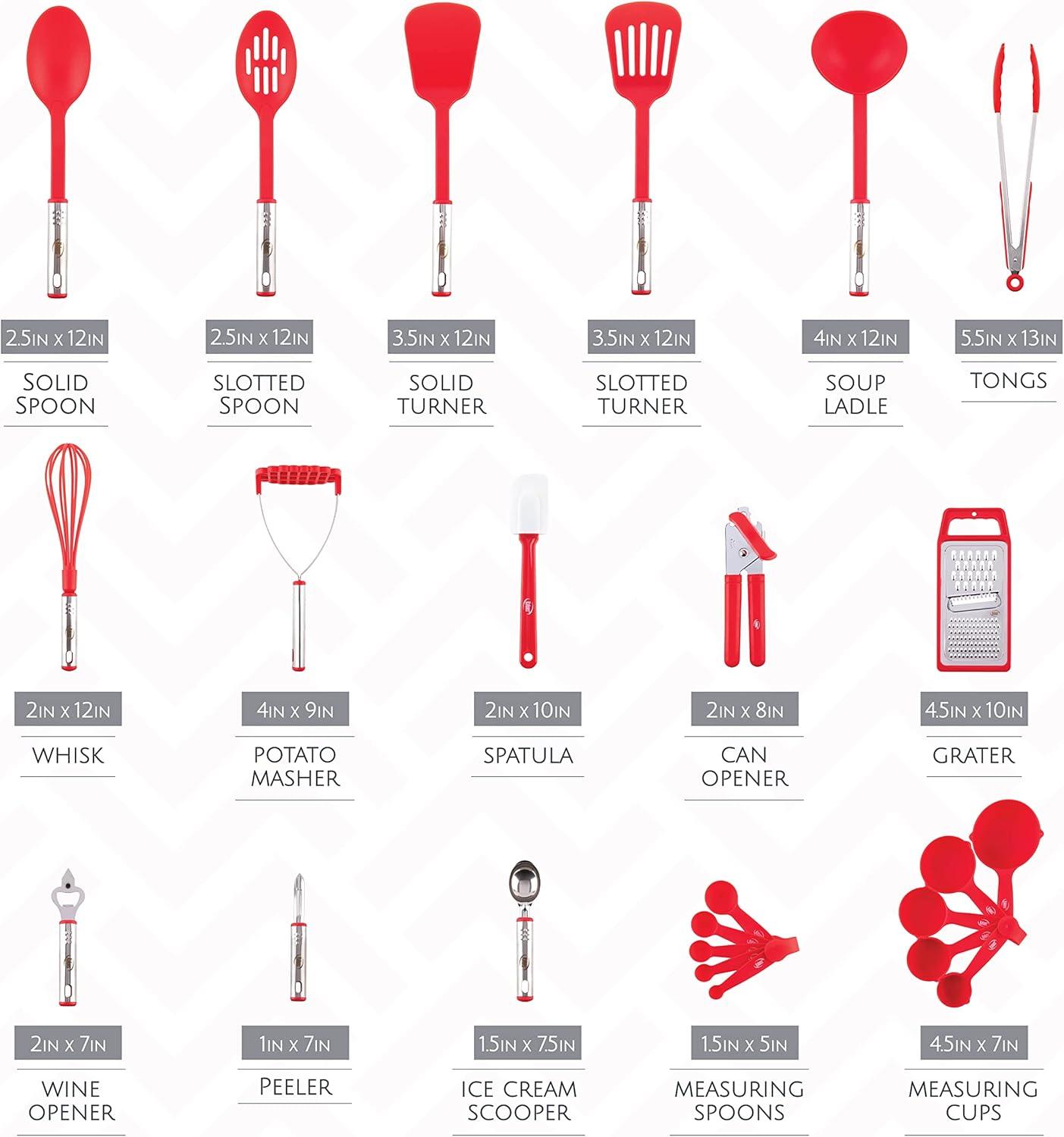 24-Piece Red Nylon and Stainless Steel Kitchen Utensil Set