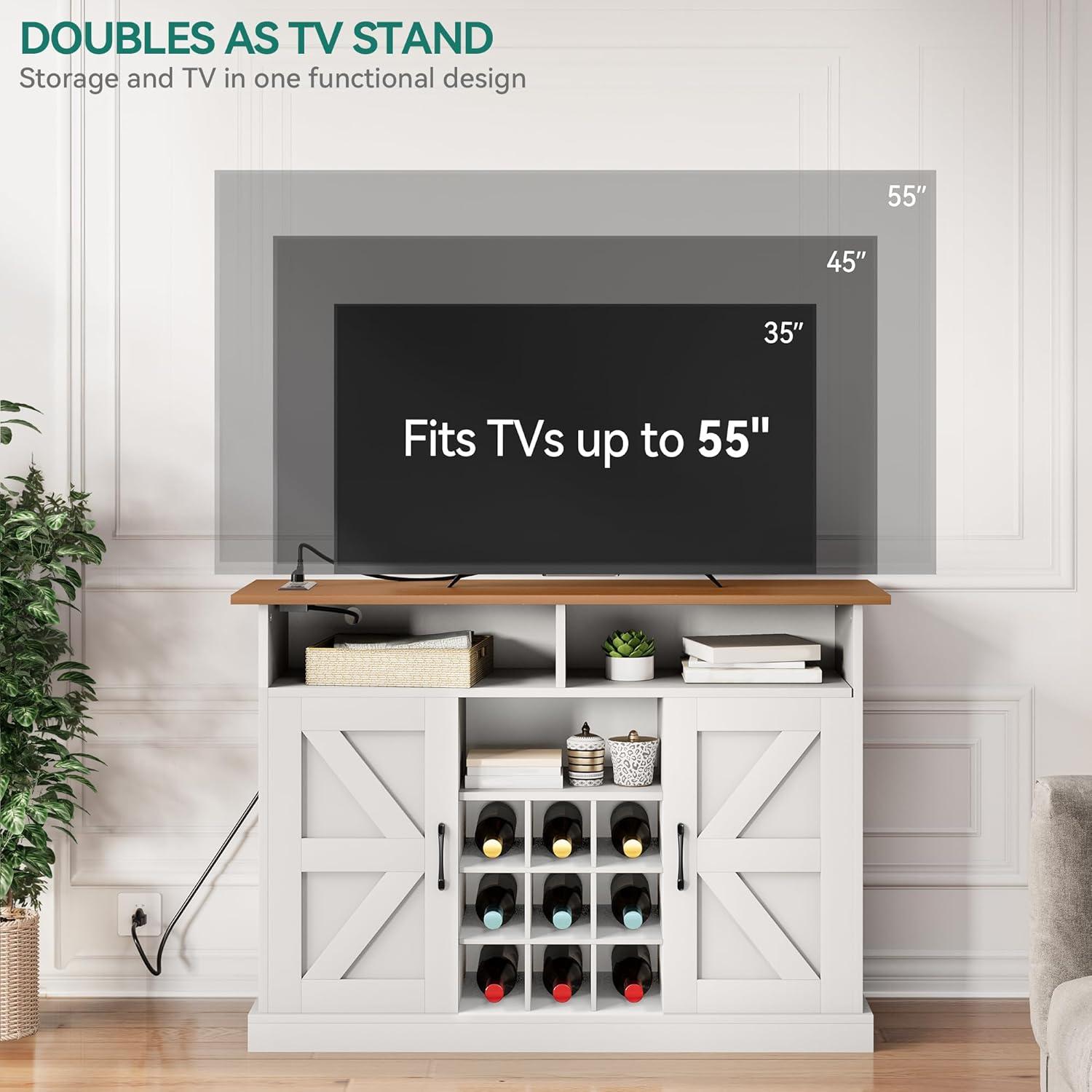 YITAHOME Farmhouse Sideboard Buffet Cabinet with Floating Shelves, 47" Coffee Bar Cabinet with 2 Barn Doors & Power Outlet, Storage Cabinet for Kitchen, Living Room (White)