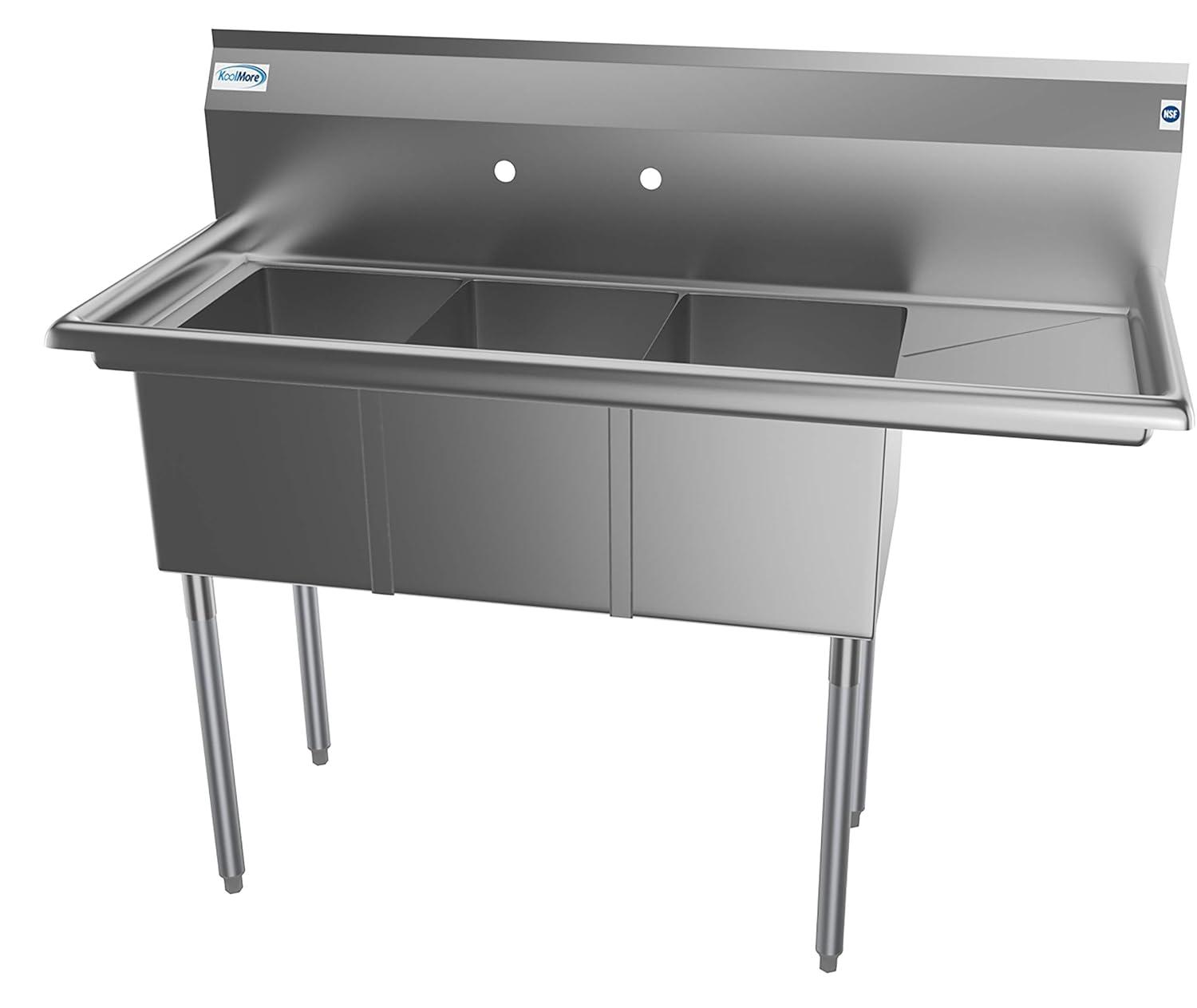 KoolMore 51 in. Three Compartment Stainless Steel Commercial Sink with Drainboard, Bowl Size 12"x 16"x 10"