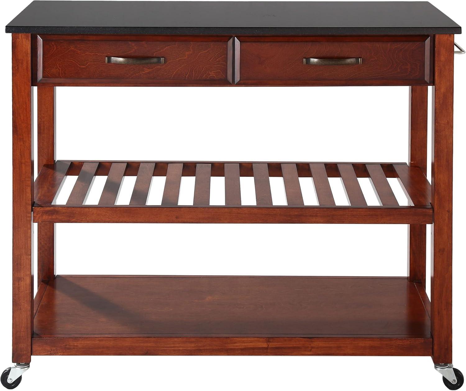 Crosley Solid Black Granite Top Kitchen Cart/Island with Optional Stool Storage Classic Cherry: Modern Rolling Furniture with Storage, 2 Shelves