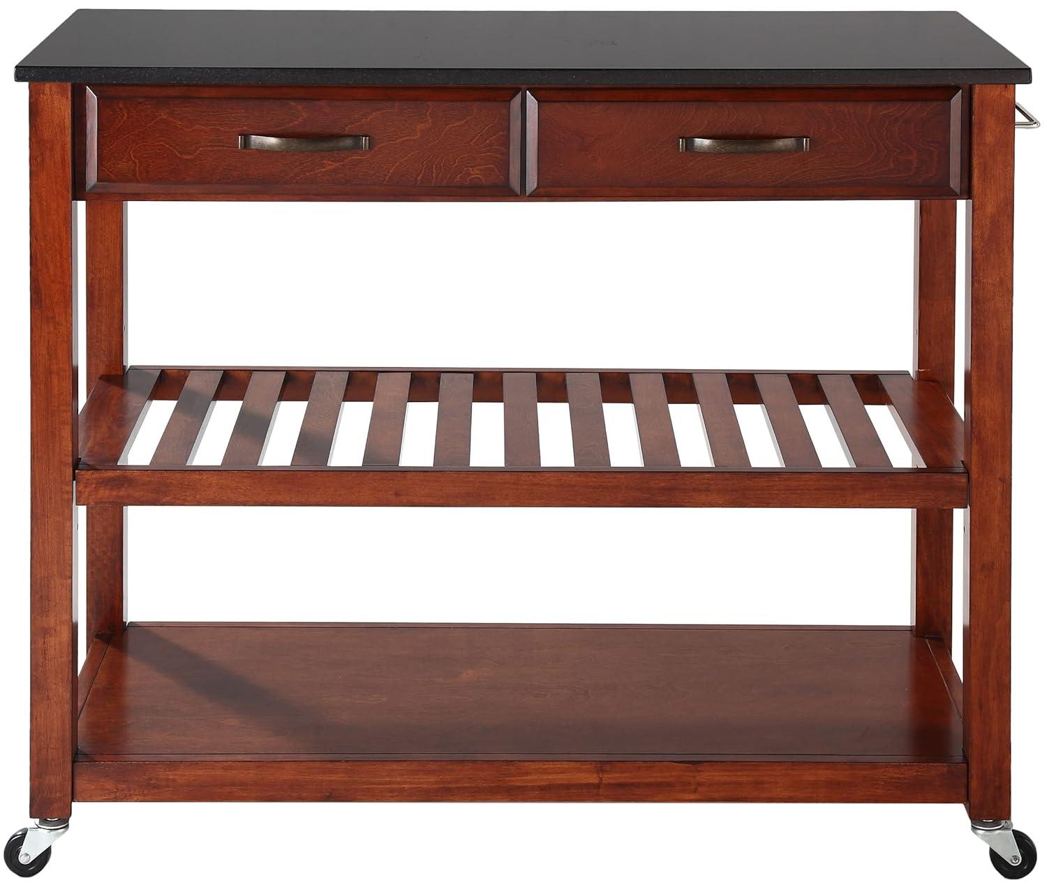 Crosley Solid Black Granite Top Kitchen Cart/Island with Optional Stool Storage Classic Cherry: Modern Rolling Furniture with Storage, 2 Shelves