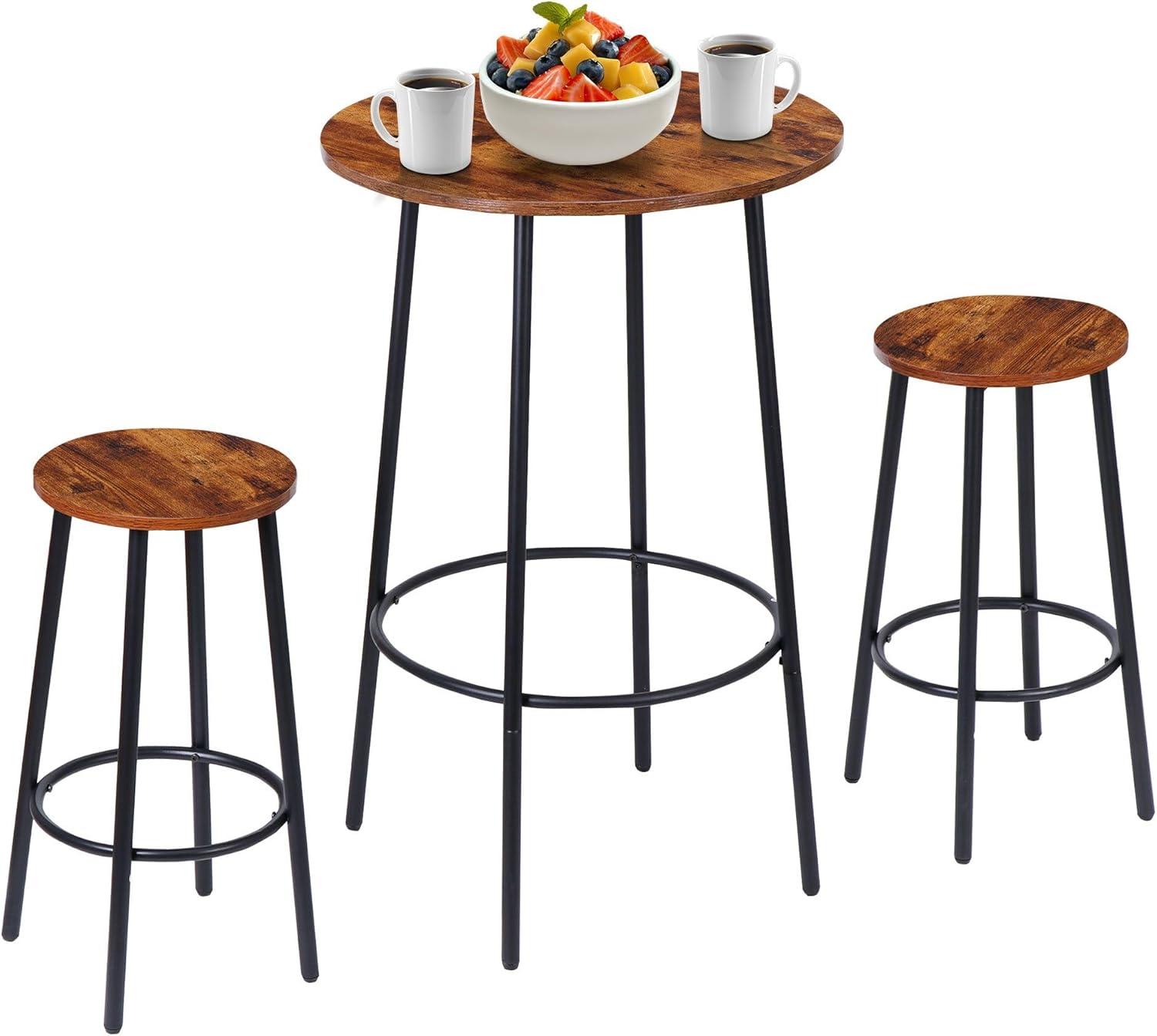 ZENSTYLE 3 Piece Pub Dining Table Set Wooden Round Breakfast Tables w/2 Bar Chairs Stools Brown