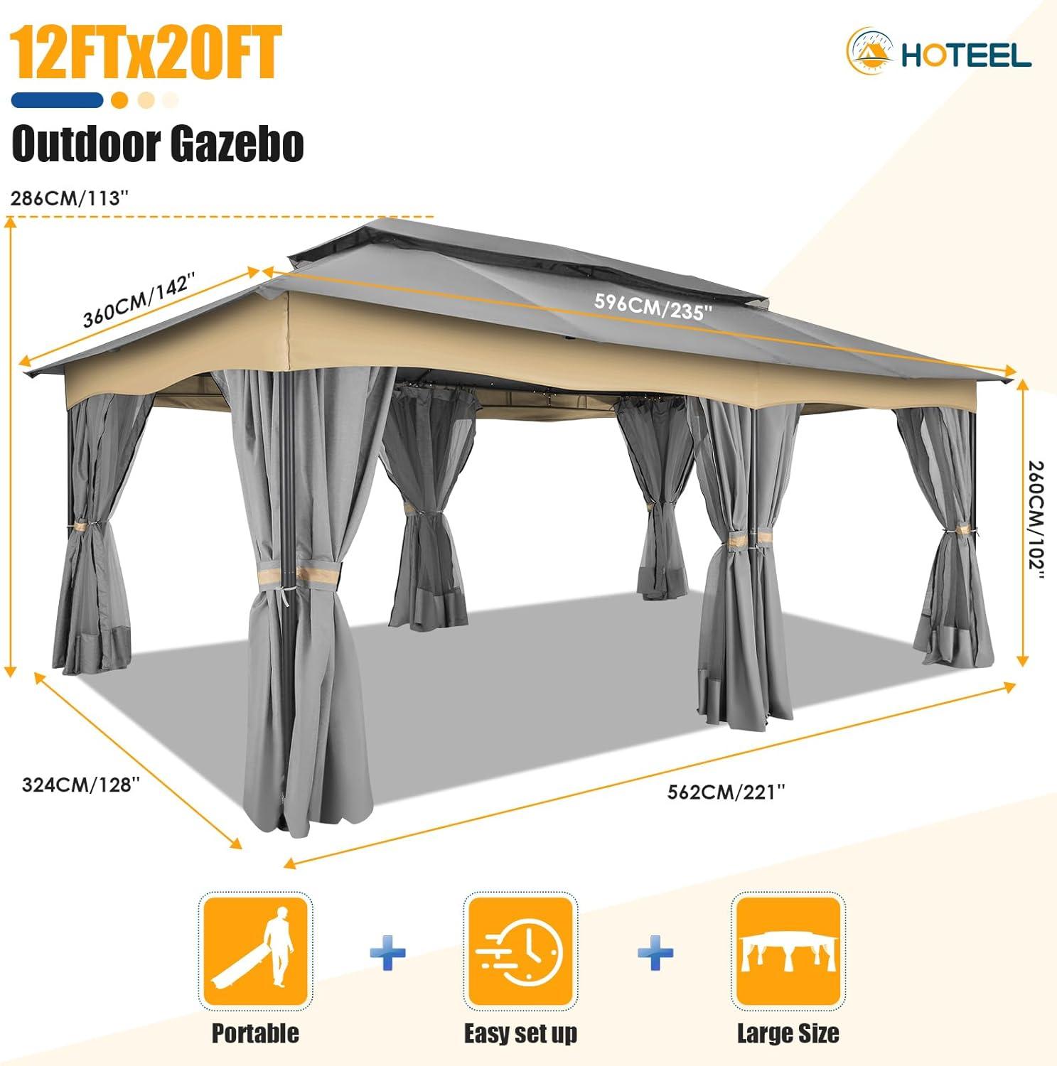 COBIZI 12X20 Heavy Duty Gazebo Outdoor Gazebo with Mosquito Netting and Curtains, Canopy Tent Deck Gazebo with Double-Arc Roof Ventiation and Metal Steel Frame Suitable for Lawn, Backyard, Patio,Gray