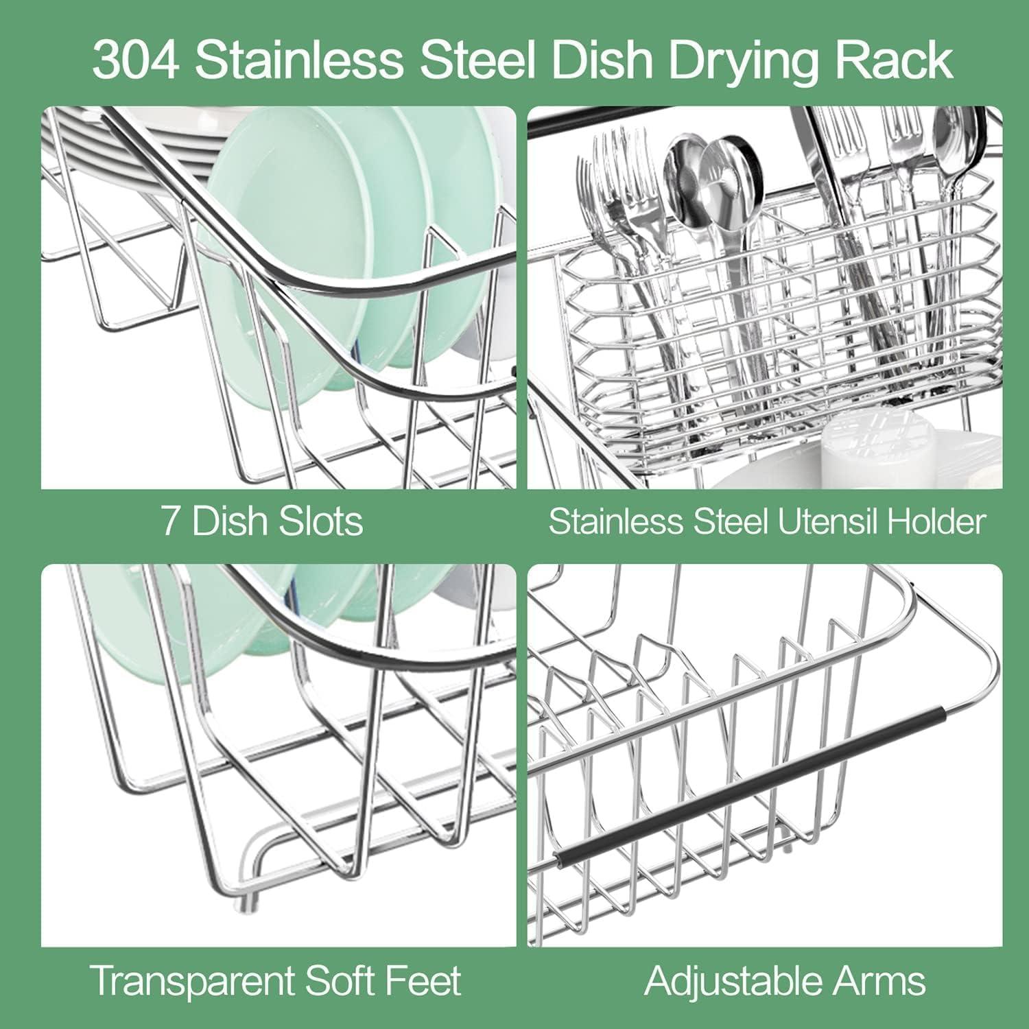 Adjustable Stainless Steel Dish Rack with Utensil Holder