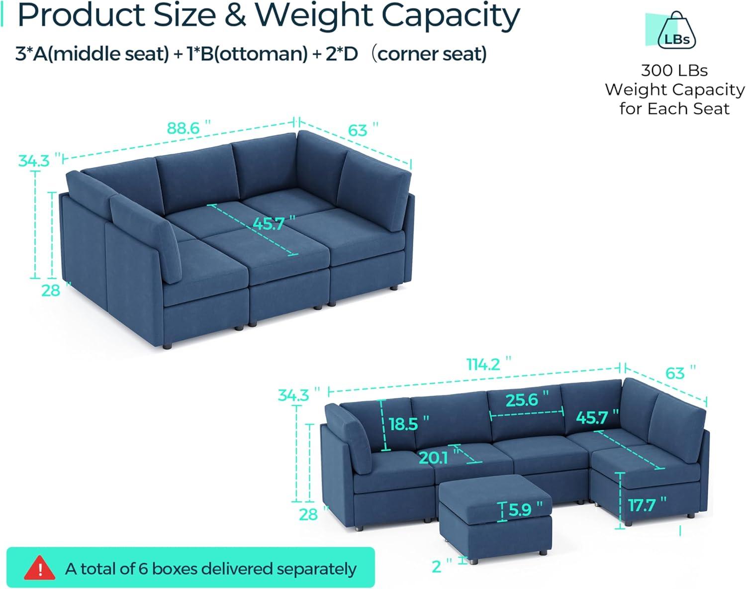 Linsy Home Oversized Modular Couch, Sectional Sofa with Storage Ottomans, Couch with Reversible Chaises, Blue