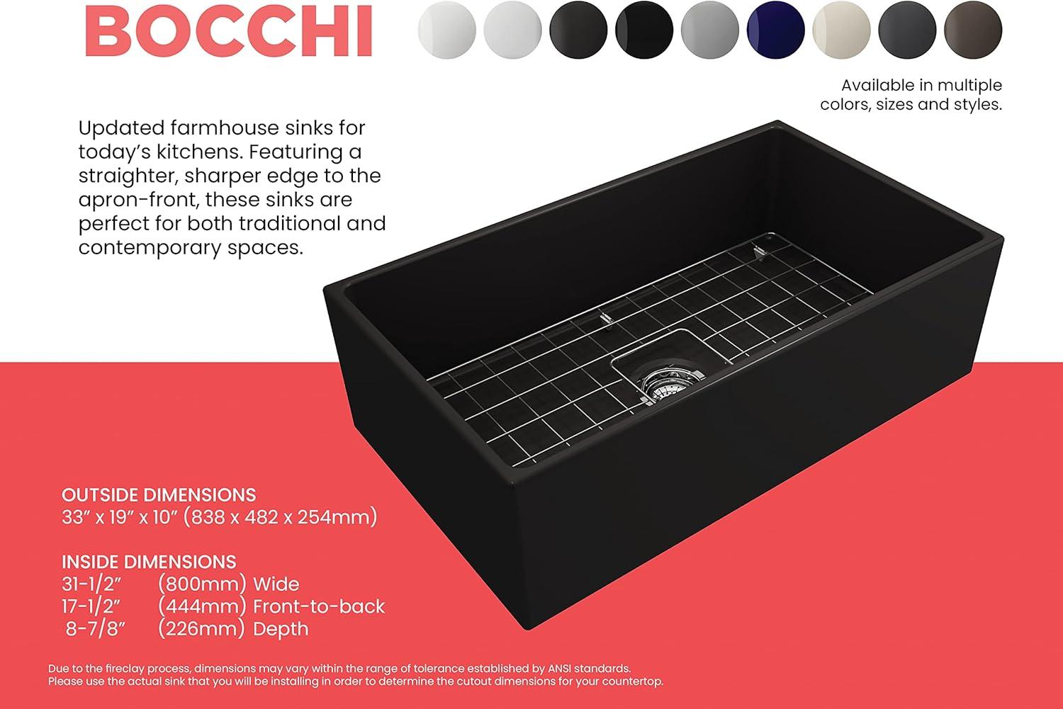 BOCCHI Contempo Farmhouse Apron Front Fireclay 33 in. Single Bowl Kitchen Sink with Protective Bottom Grid and Strainer in Matte Gray