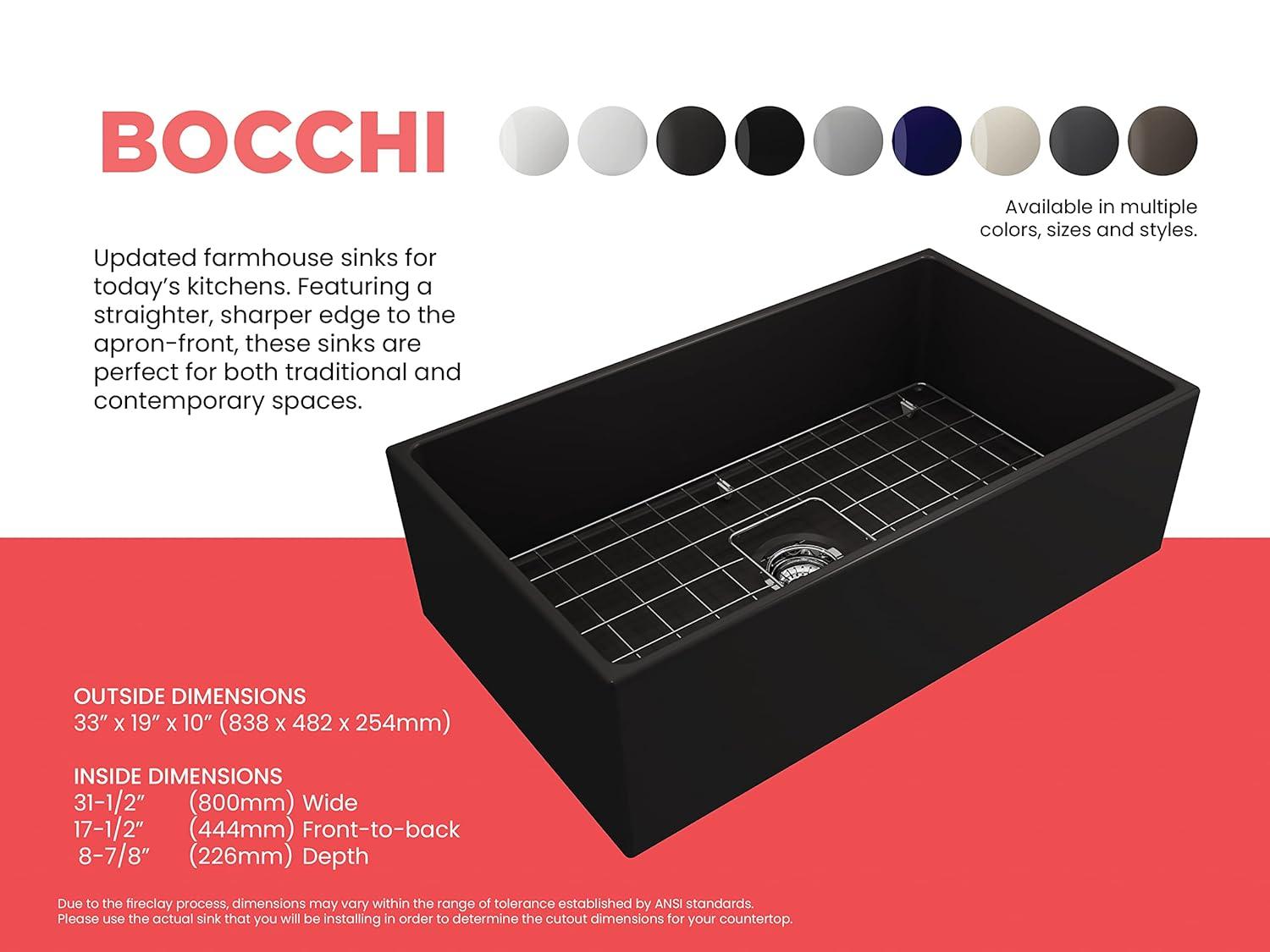 BOCCHI Contempo Farmhouse Apron Front Fireclay 33 in. Single Bowl Kitchen Sink with Protective Bottom Grid and Strainer in Matte Gray