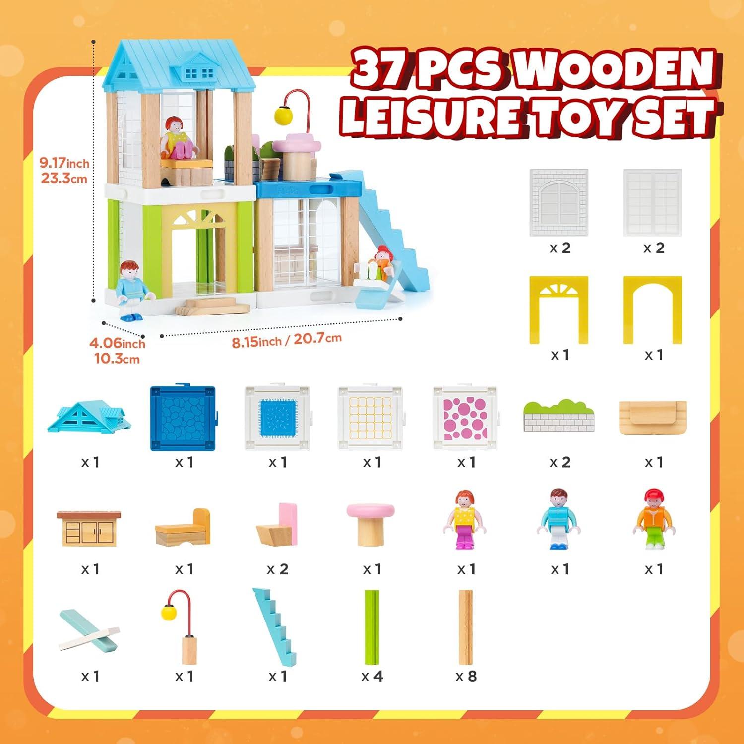37-Piece Small Wooden Dollhouse, 3-Room DIY Doll House for Toddlers with 3 Movable Dolls, Dollhouse Furniture Accessories, Birthday Building Gift for Kids Ages 3-8 (8.15" L x 4.06" W x 9.17" H)