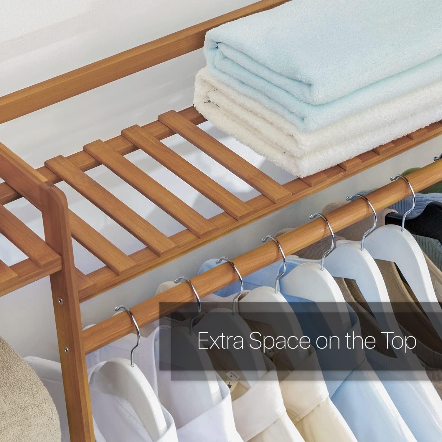 MoNiBloom Bamboo Garment Rack with 5-Tier Storage Shelves Trapezoid Multi-Functional Garment Rack, Clothes Hanging Rack Stand for Bedroom Living Room, Natural