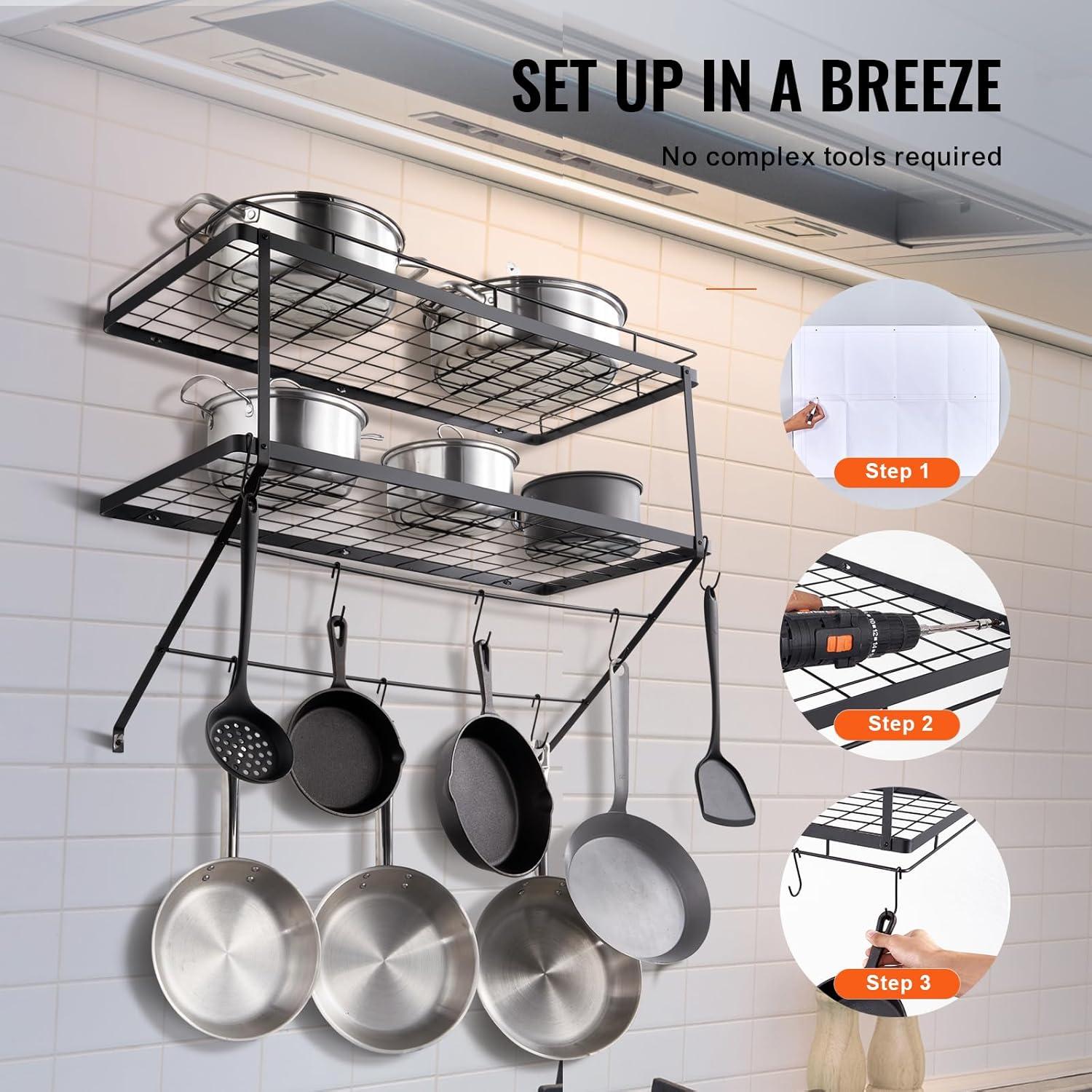 BENTISM Pot Rack Wall Mounted, 30 inch Pot and Pan Hanging Rack, Pot and Pan Hanger with 12 S Hooks, 55 lbs Loading Weight, Ideal for Pans, Utensils, Cookware in Kitchen