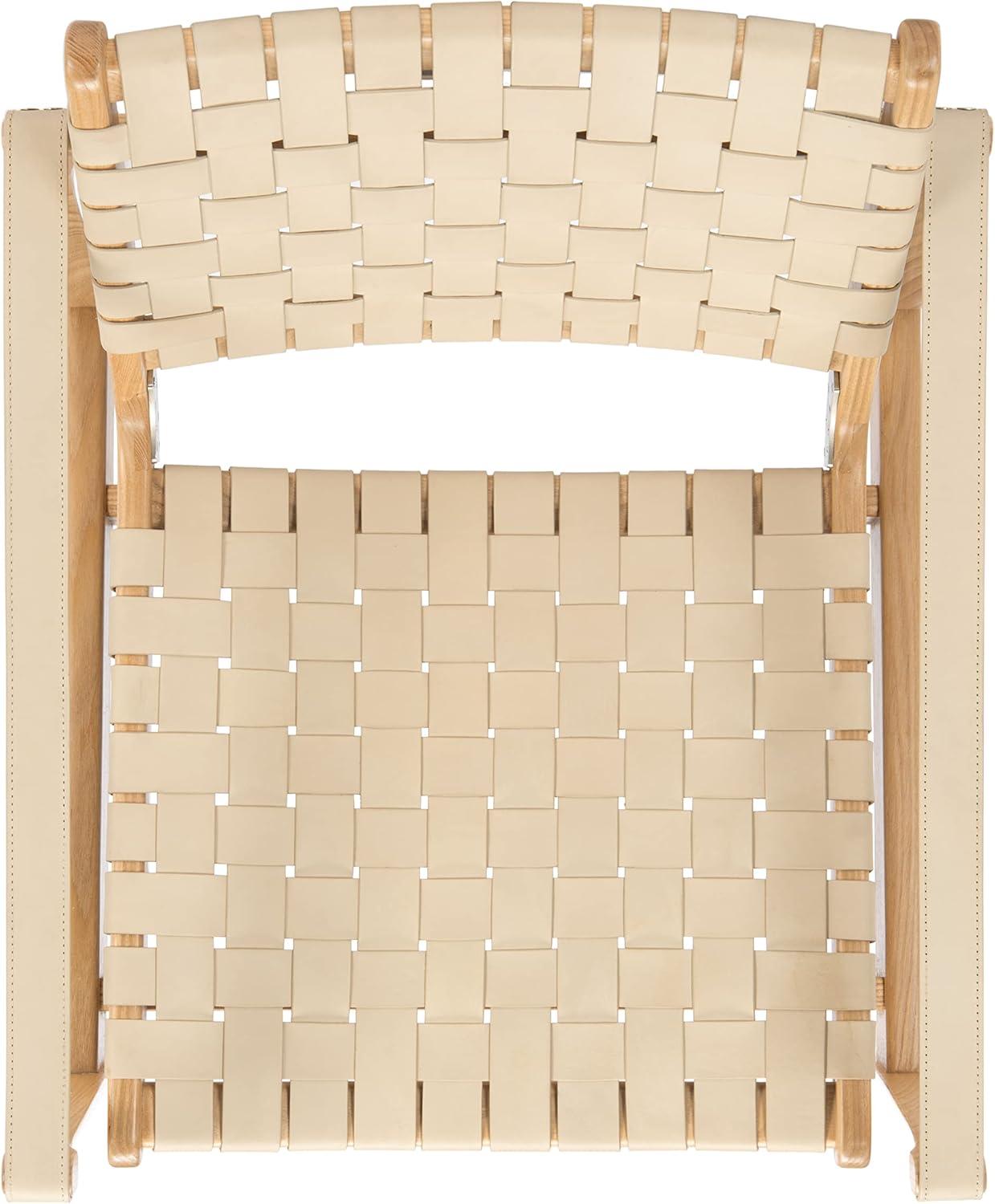 Cherry Mahogany & Woven Leather Safari Accent Chair - White