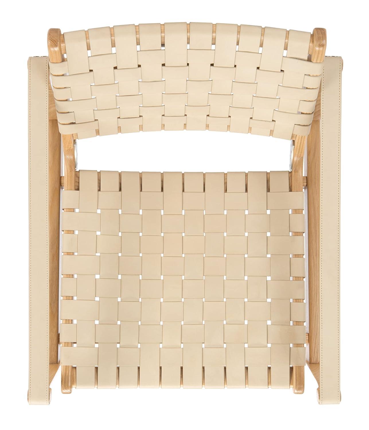 Cherry Mahogany & Woven Leather Safari Accent Chair - White