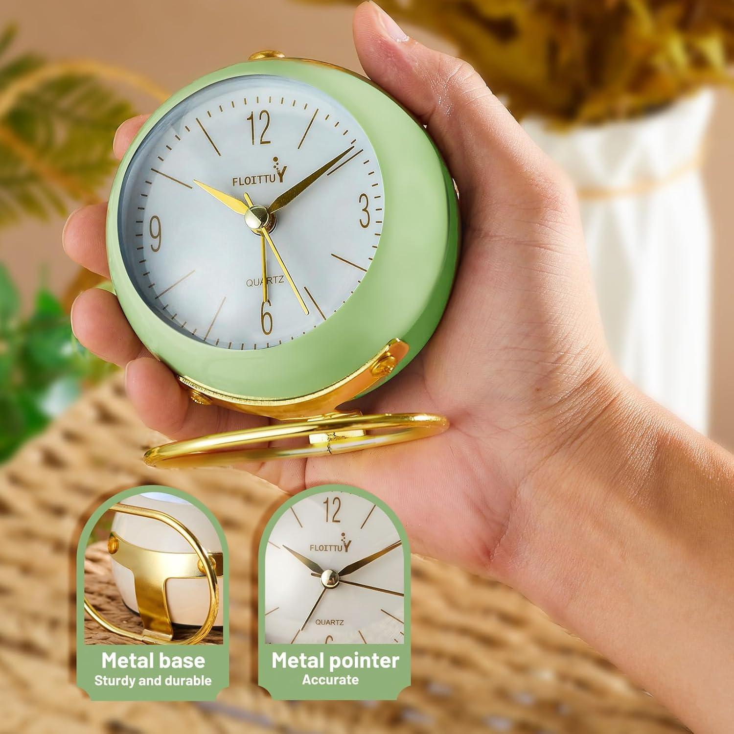 Green and Gold Silent Analog Alarm Clock with Metal Base