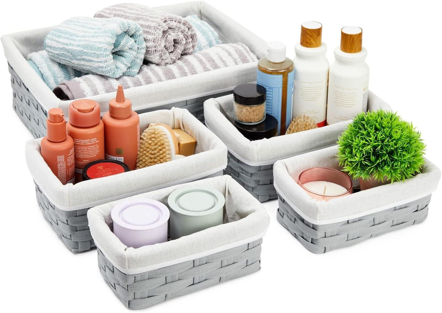 5 Pack Wicker Nesting Baskets with Cloth Lining for Pantry Shelves, Rectangular Storage Bins for Organizing Closet (Brown, 3 Sizes)