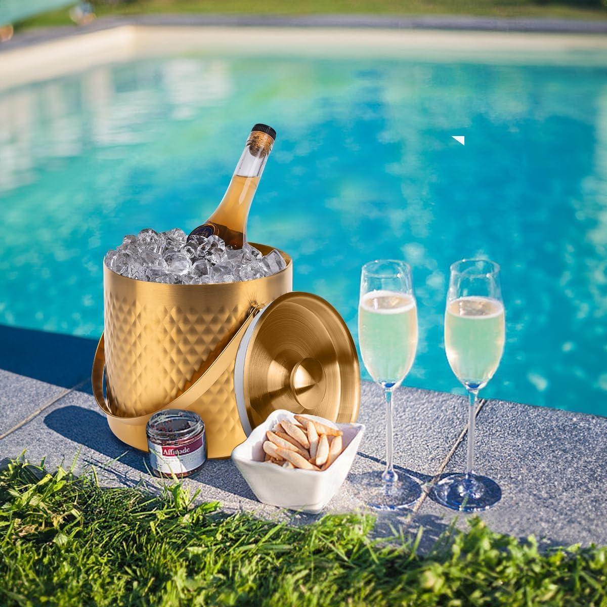 3L Double Wall Insulated Stainless Steel Ice Bucket with scoop & Strainer for Cocktail Bar,Metal Ice Bucket for freezer with Lid for parties.ice Container to Keep Ice Colder,bar cart accessories(gold)