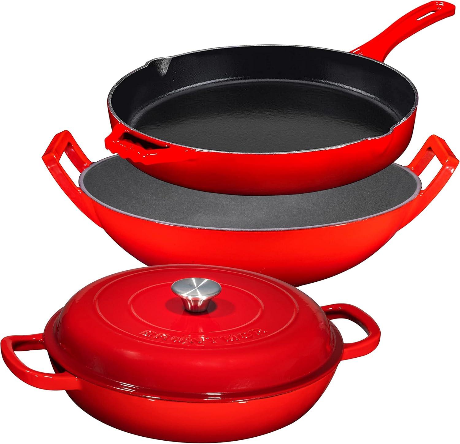 Bruntmor | Enameled Cast Iron 3 Piece Bundle Gift Set 3.8Qt Braiser Pan 12 | 1