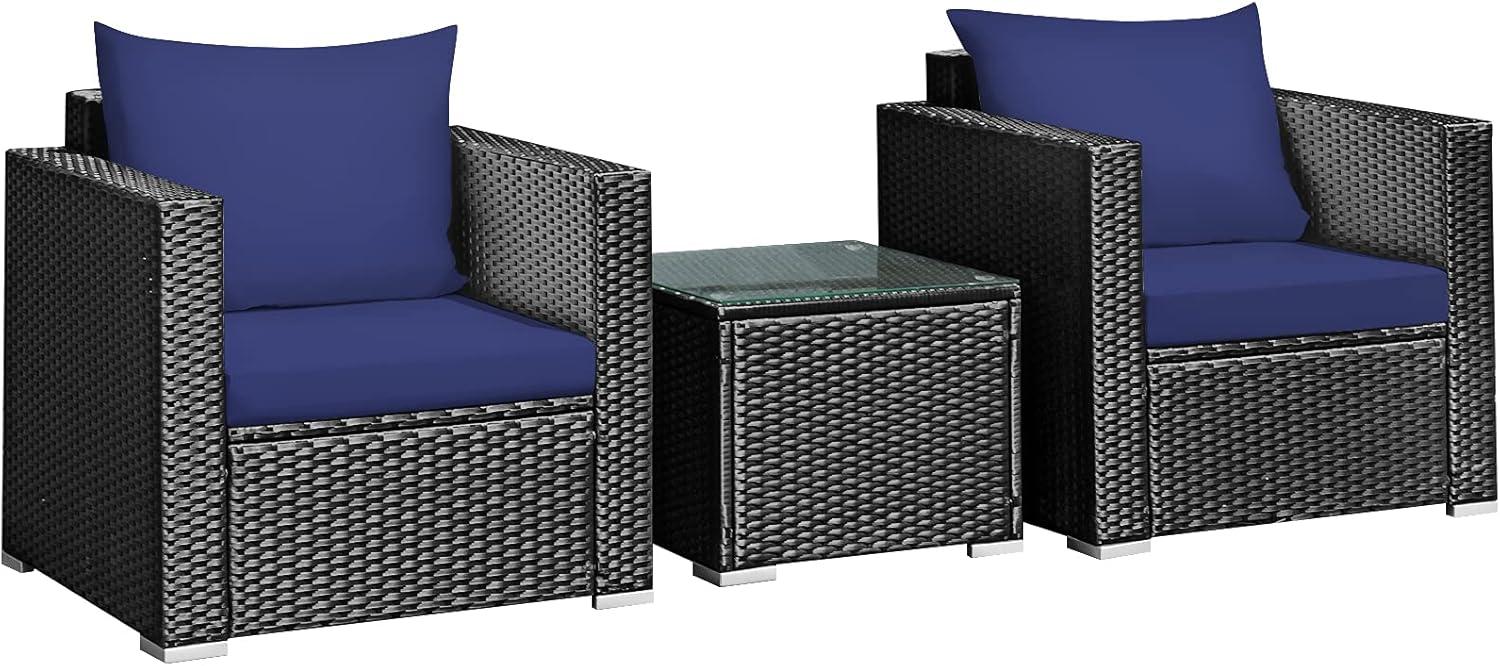 Kadyn Patio Furniture Sets, Outdoor Bistro Conversation Set, 3 Pieces Patio Wicker Conversation Set with Cushion-Navy
