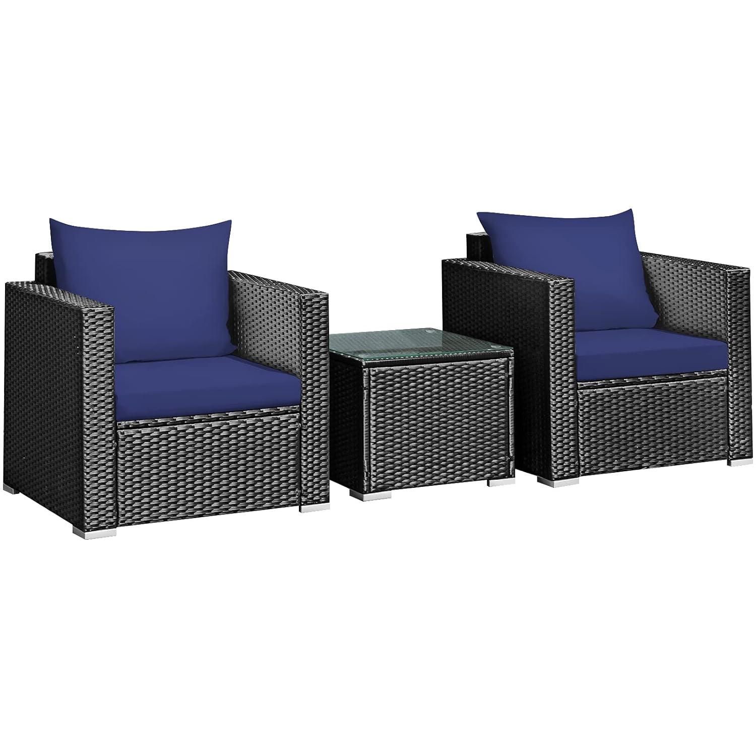 DORTALA 3 Pieces Patio Furniture Set, Outdoor Rattan Sofa Set with Cushions, Tempered Glass Tabletop, Wicker Conversation Furniture Set for Backyard, Garden, Poolside, Balcony, Navy
