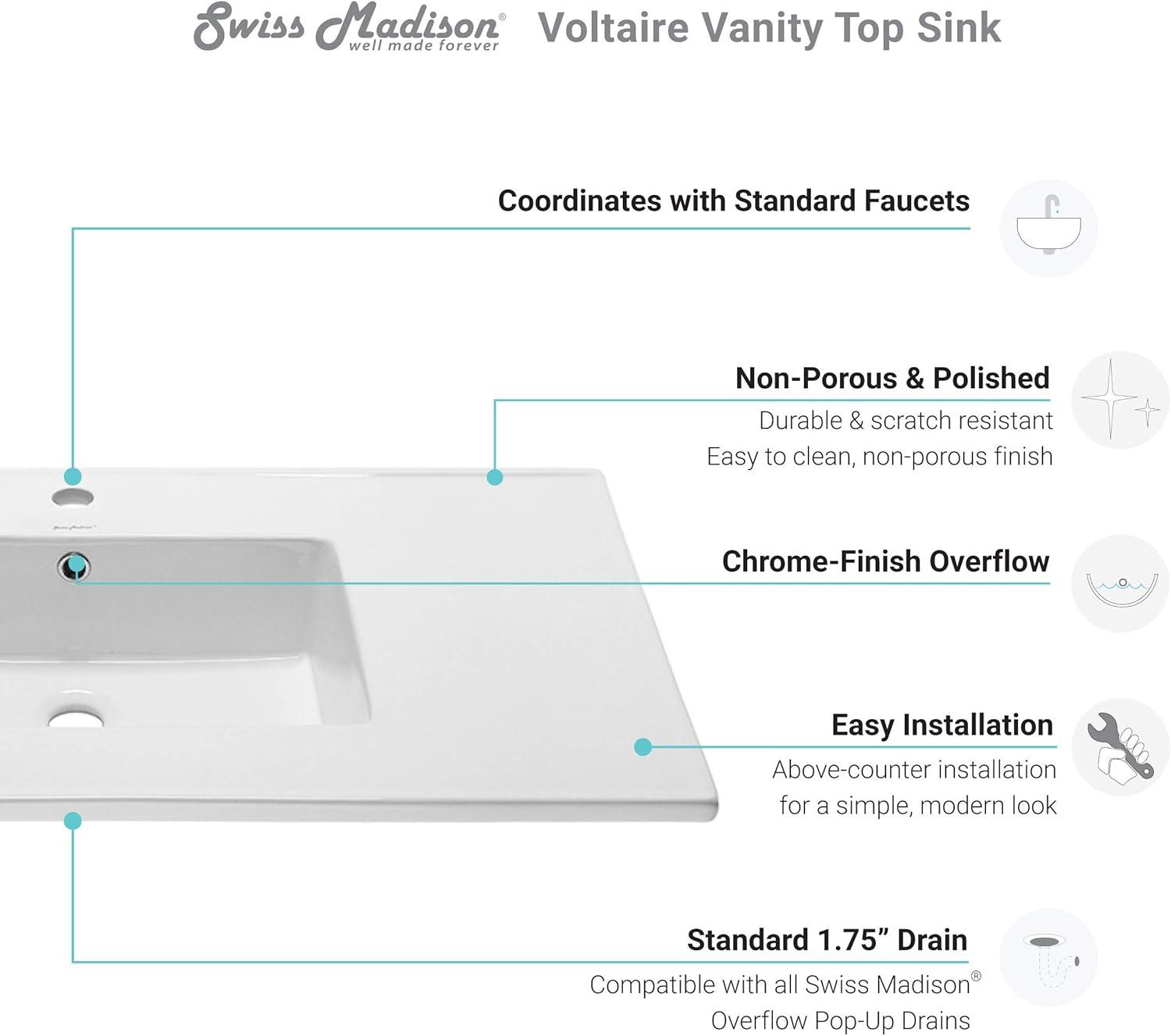 Voltaire 37" White Ceramic Vanity Top Sink with Single Faucet Hole