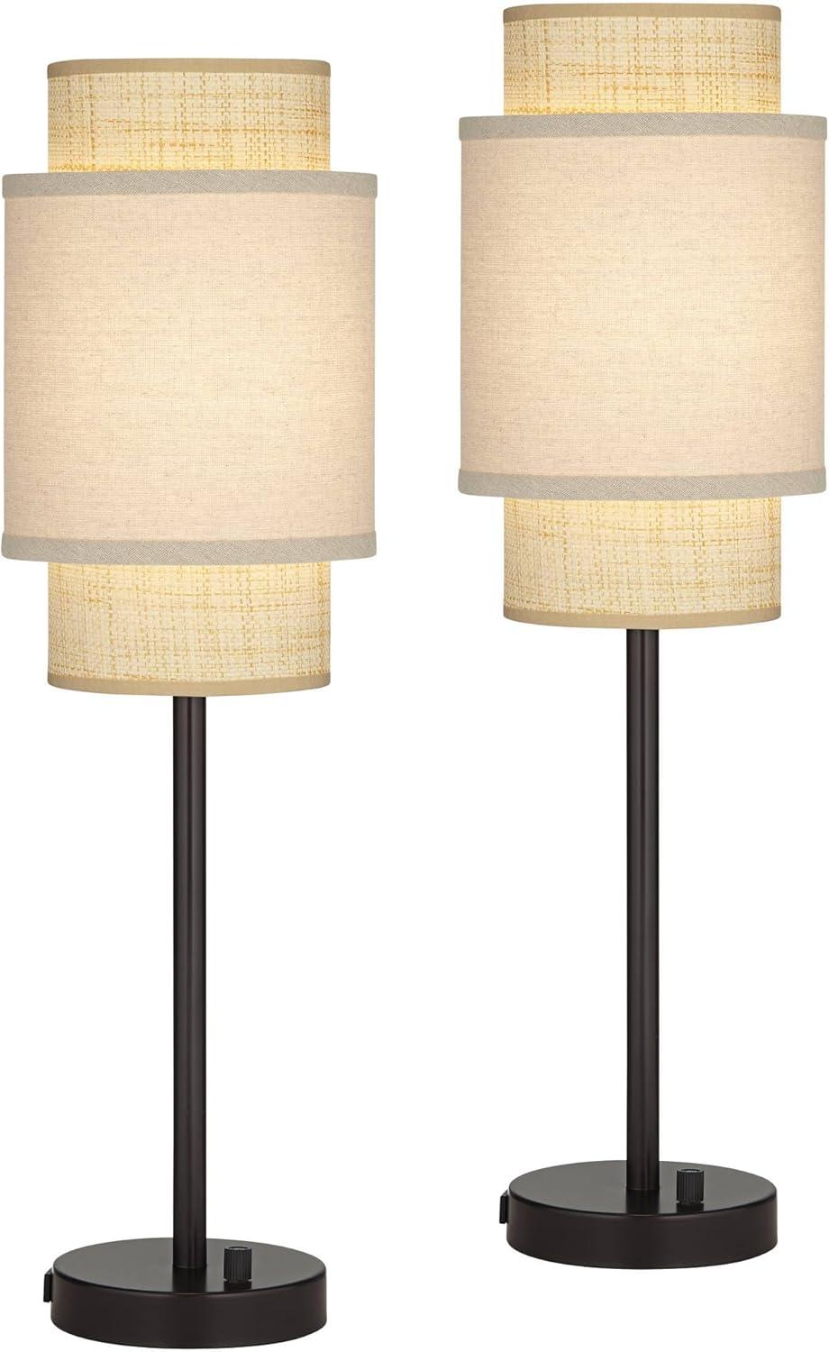 360 Lighting Tull 27" Tall Modern Table Lamps Set of 2 USB Port AC Power Outlet Black Brown Metal Living Room Charging Bedroom Tan Tiered Shade