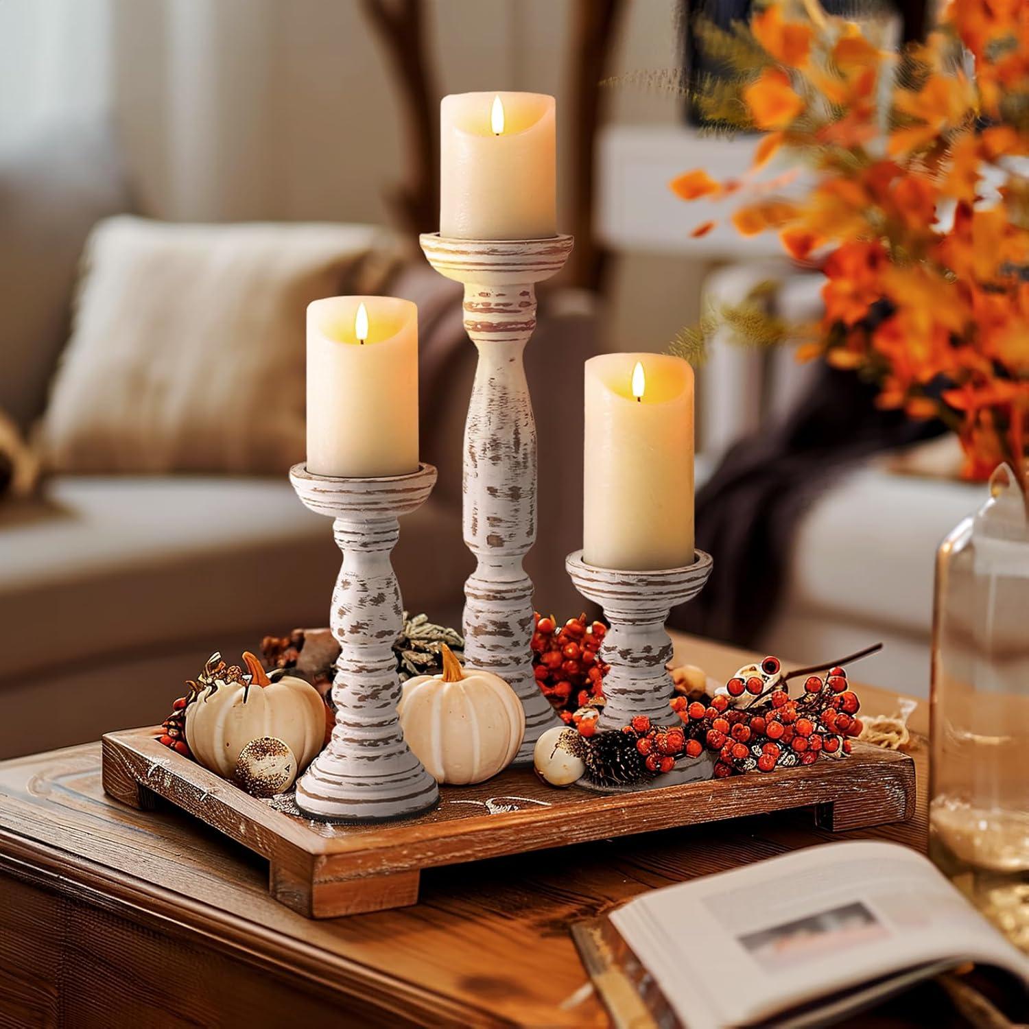 Farmhouse Wood Candle Holders For Pillar Candles Set Of 3