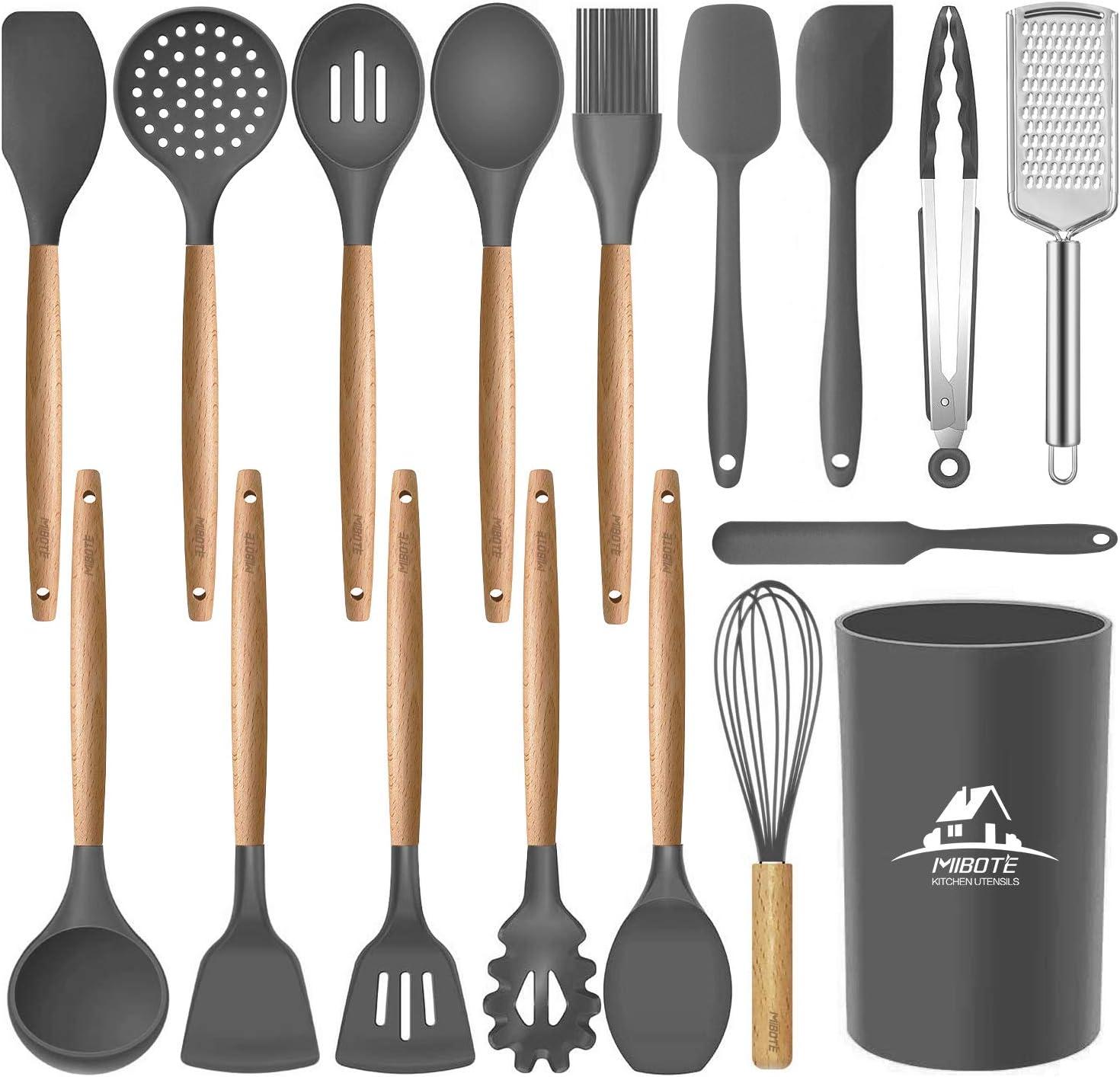 17-Piece Gray Silicone and Wood Cooking Utensil Set