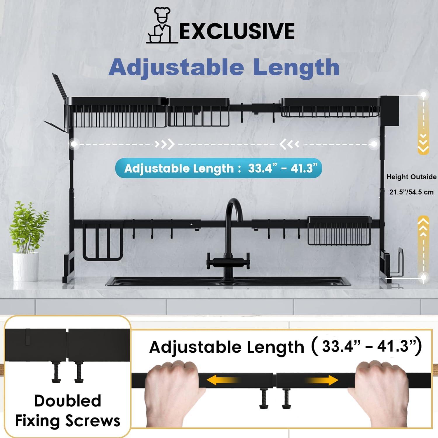 MERRYBOX Large Over The Sink Dish Drying Rack (33.4"-41.3") 2 Tier Length Adjustable Dish Drainer for Kitchen Sink Auto Drainage Space Saving Kitchen Organizer, Black
