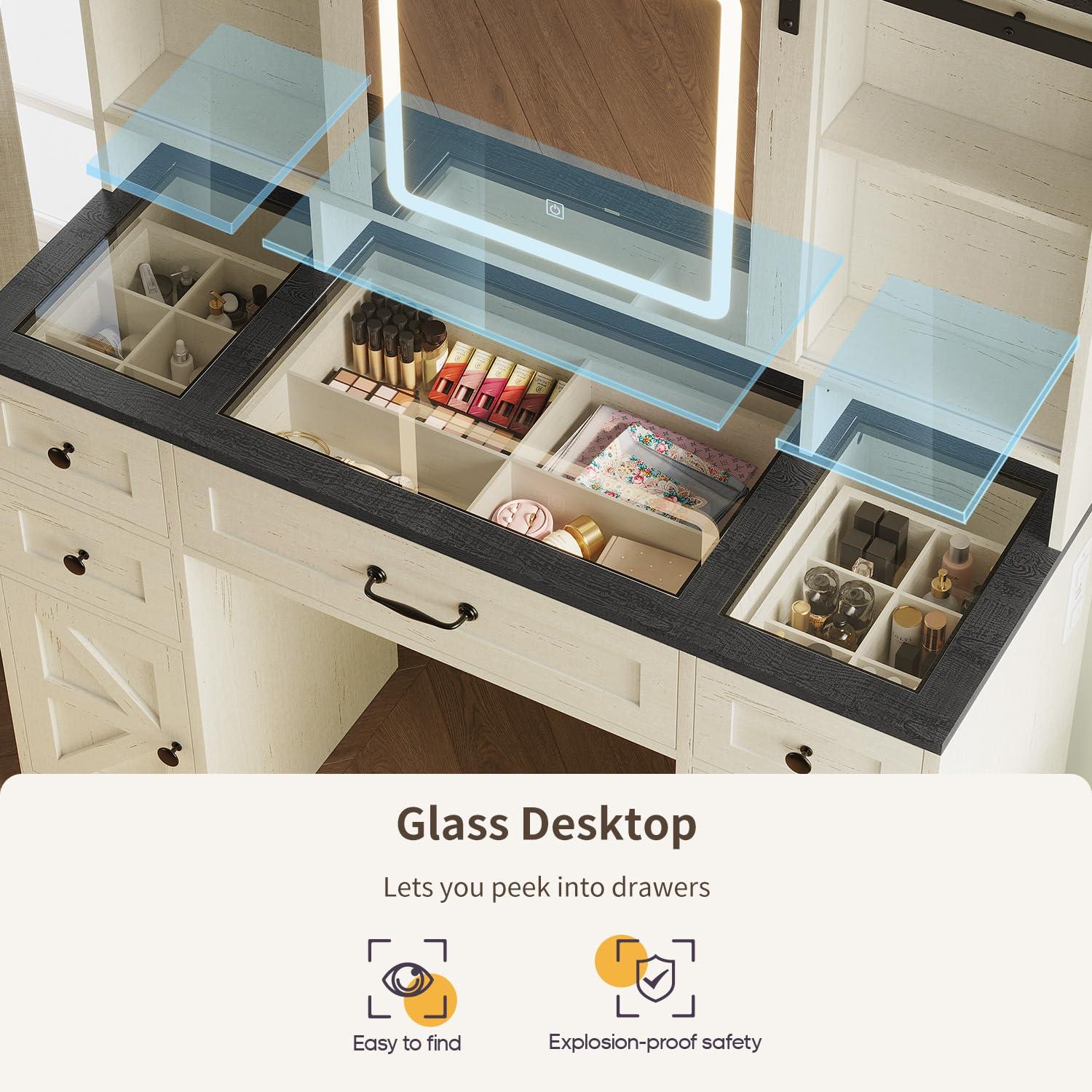 Farmhouse Makeup Vanity Desk with Sliding Lighted Mirror, Glass Top Vanity Desk with Power Outlet, Rustic Vanity Set, Antique White