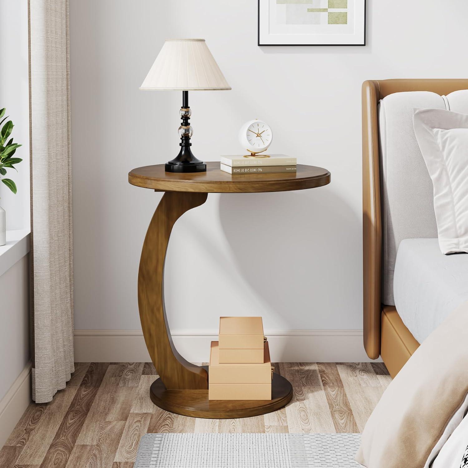 Hommoo C-Shaped End Table, Round Solid Wood Side Table for Living Room Brown