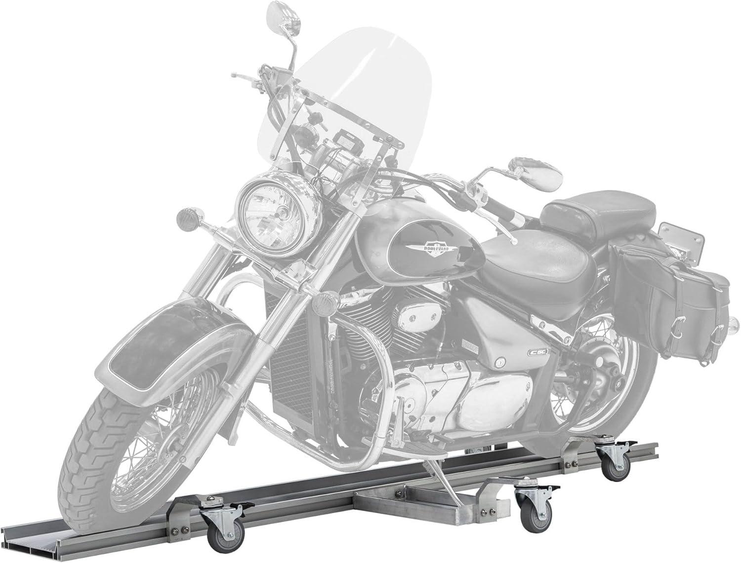 Black Widow Motorcycle Dolly with Fully Adjustable Kickstand Plate Locking Casters with Ride-On Load and Ride-Off Unload without Use of Ramp or Lever