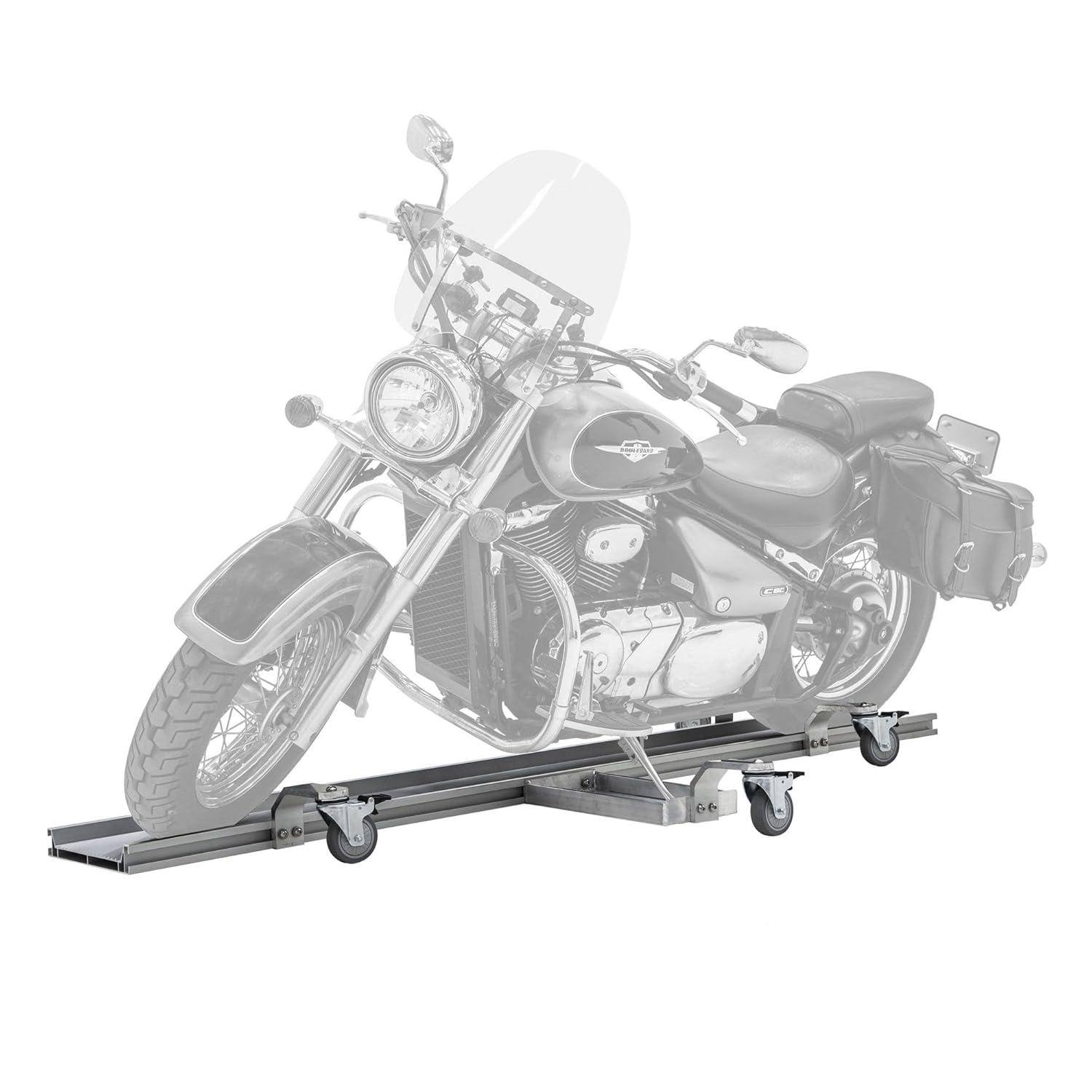 Black Widow Motorcycle Dolly with Fully Adjustable Kickstand Plate Locking Casters with Ride-On Load and Ride-Off Unload without Use of Ramp or Lever