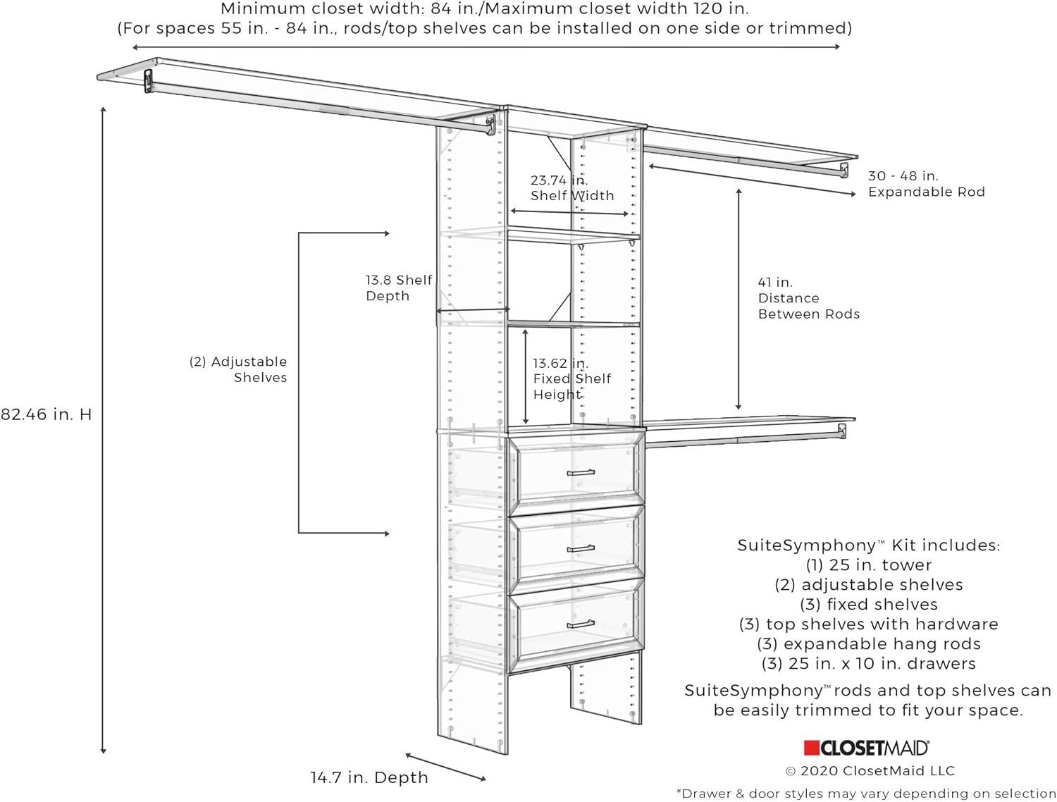 Closetmaid Ss25-Cos3dr Suitesymphony 7 To 10 Foot Wide Closet System Kit - White