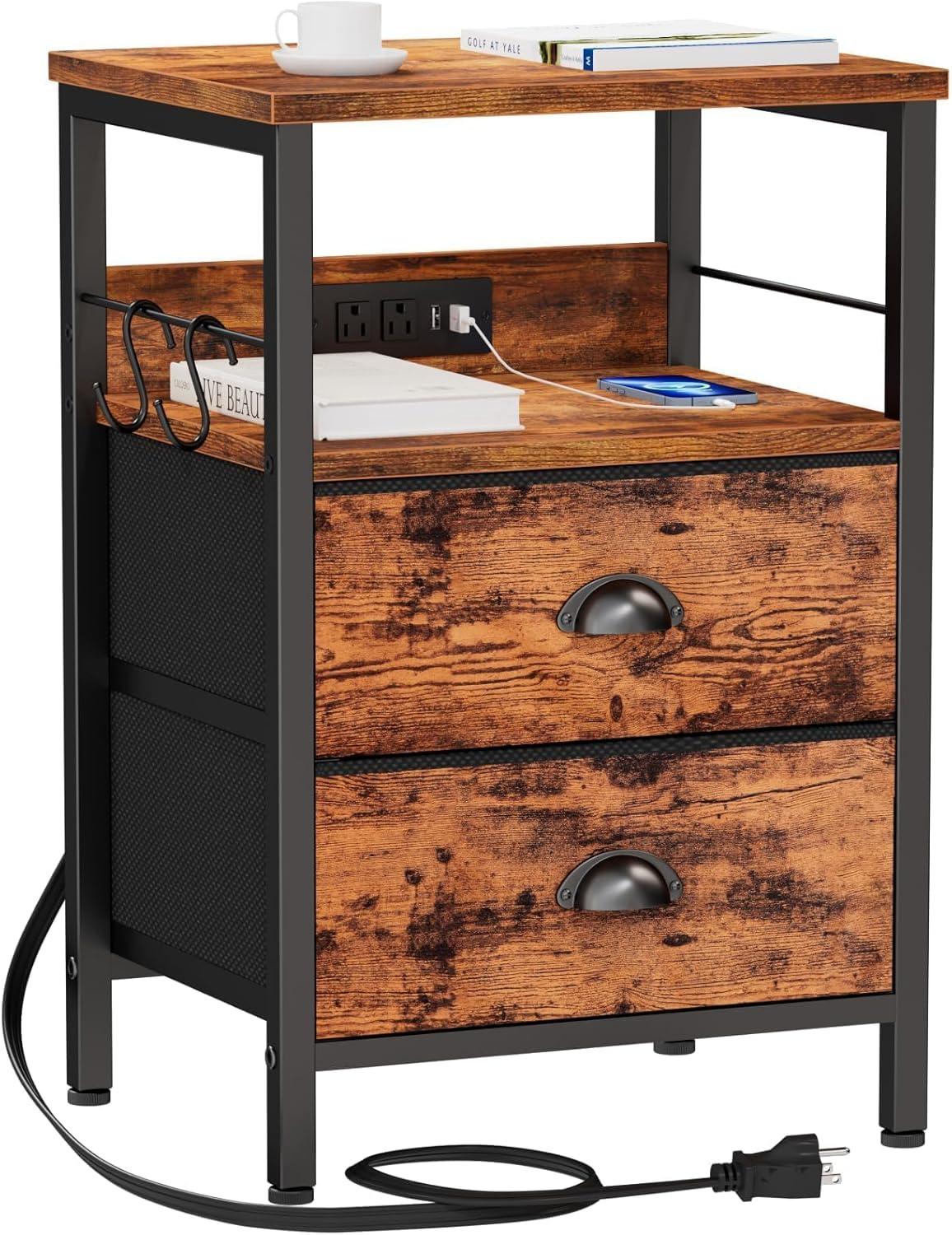 Rustic Brown Metal and Particleboard Nightstand with Charging Station