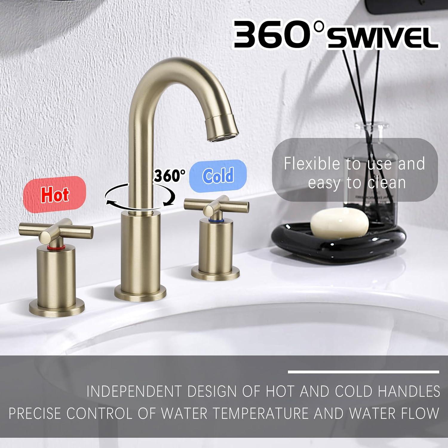 GXCROR Bathroom Faucets for Sink 3 Hole,2-Handle 8 inch Widespread Bathroom Sink Faucet with Pop Up Drain, Brushed Gold Basin Faucet Mixer Taps